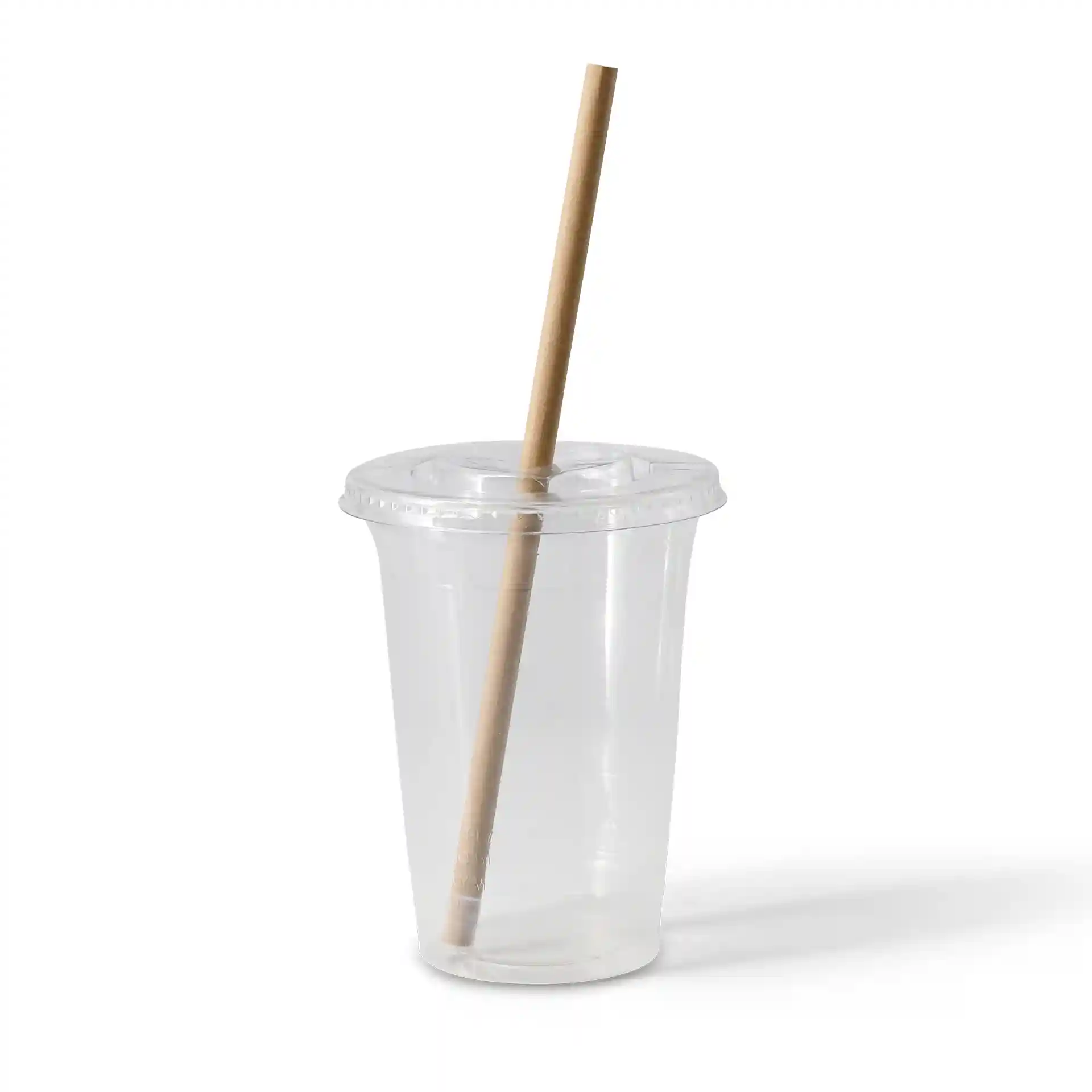 Clear plastic cup with a lid and a brown paper straw inserted.