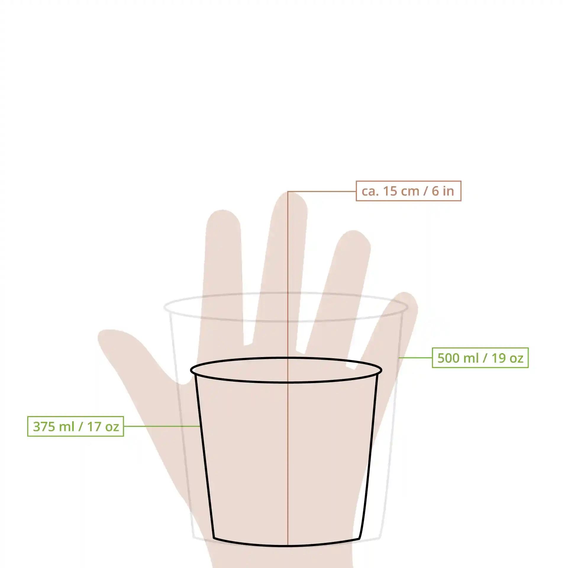 Schematic drawing of a round brown soup cup with dimension lines indicating height and volume measurements.