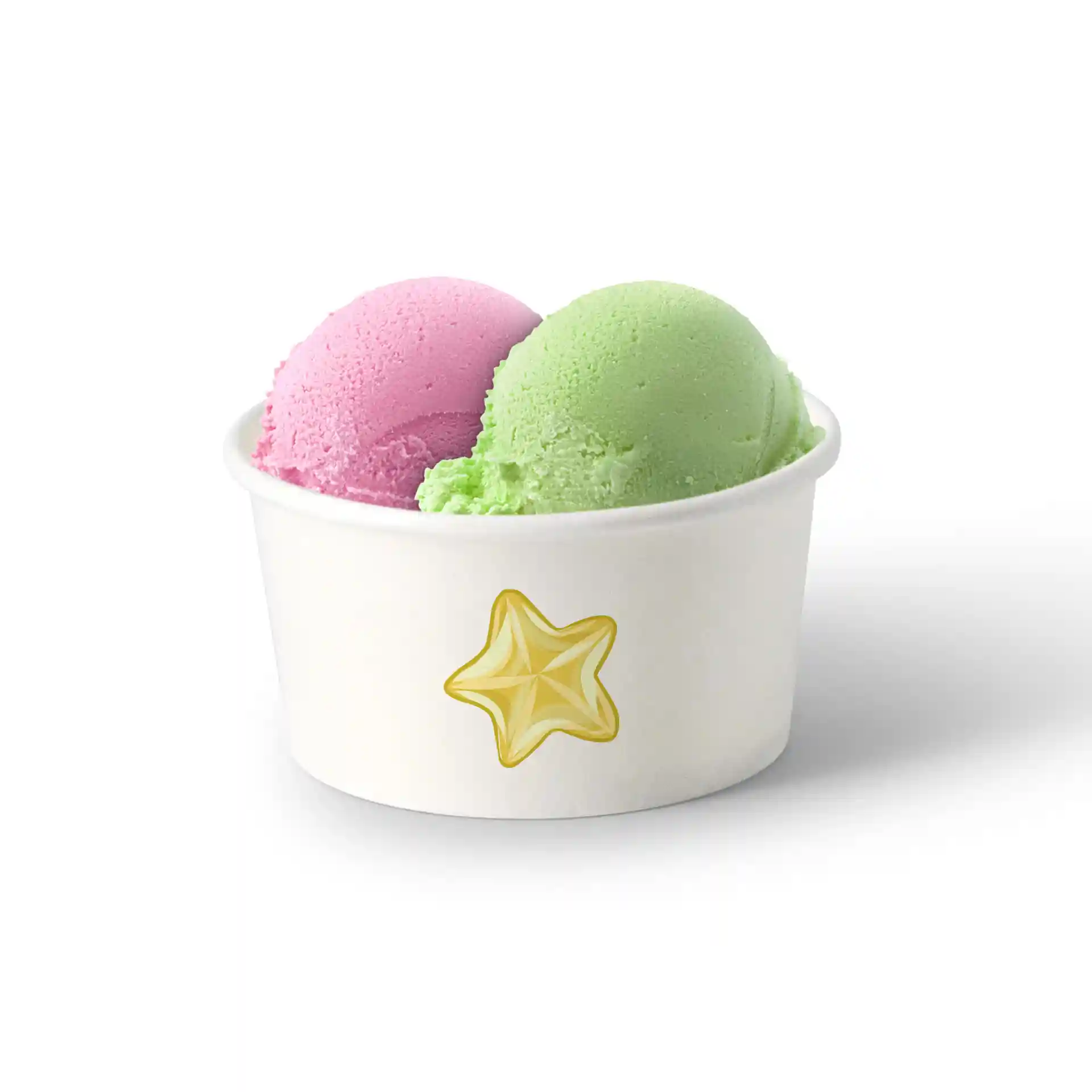 Round white ice cream cup with pink and green scoops of ice cream, featuring a yellow star design.