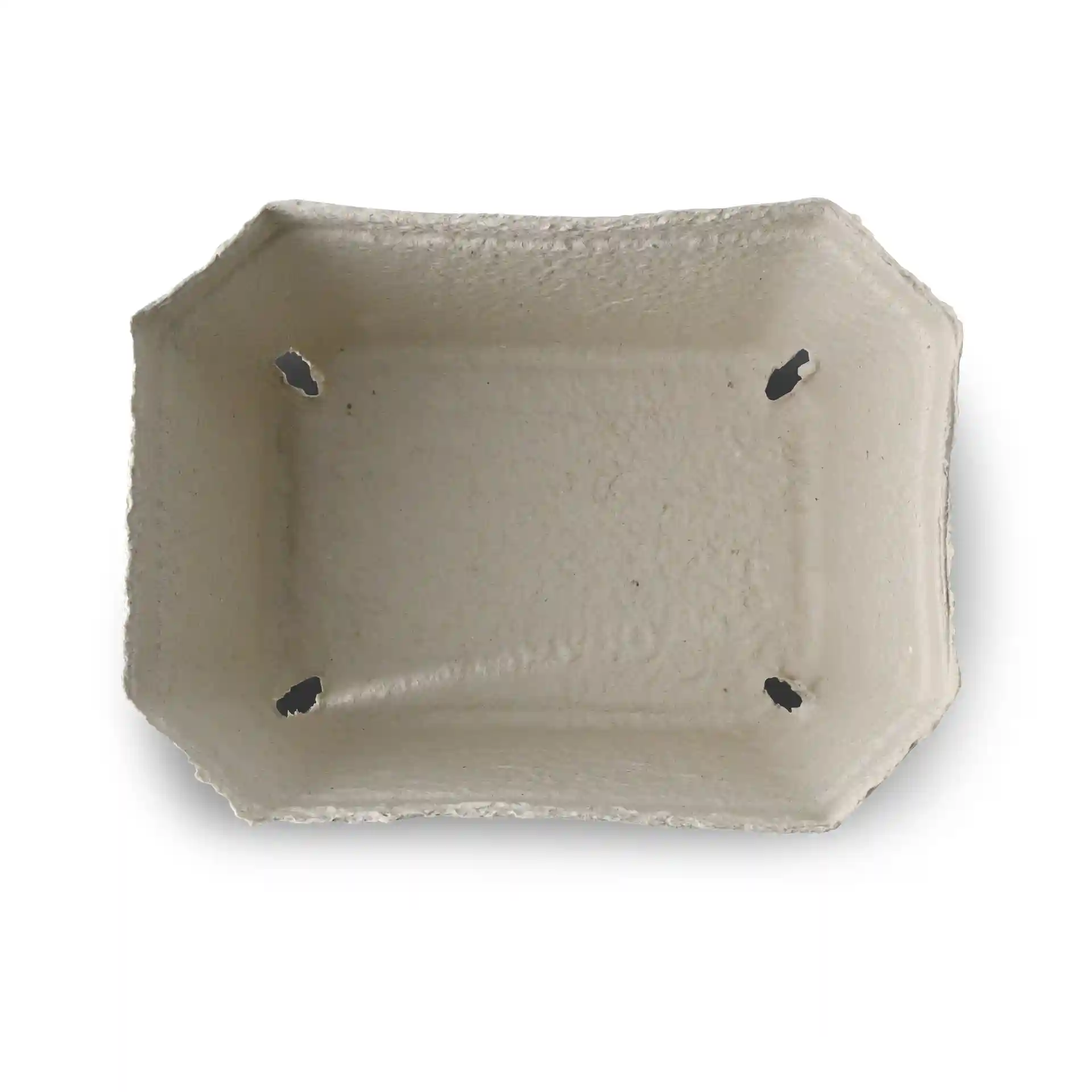 White wood pulp berry punnet with a rectangular shape and four drainage holes. Dimensions are 180 mm length, 142 mm width, and 106 mm height.