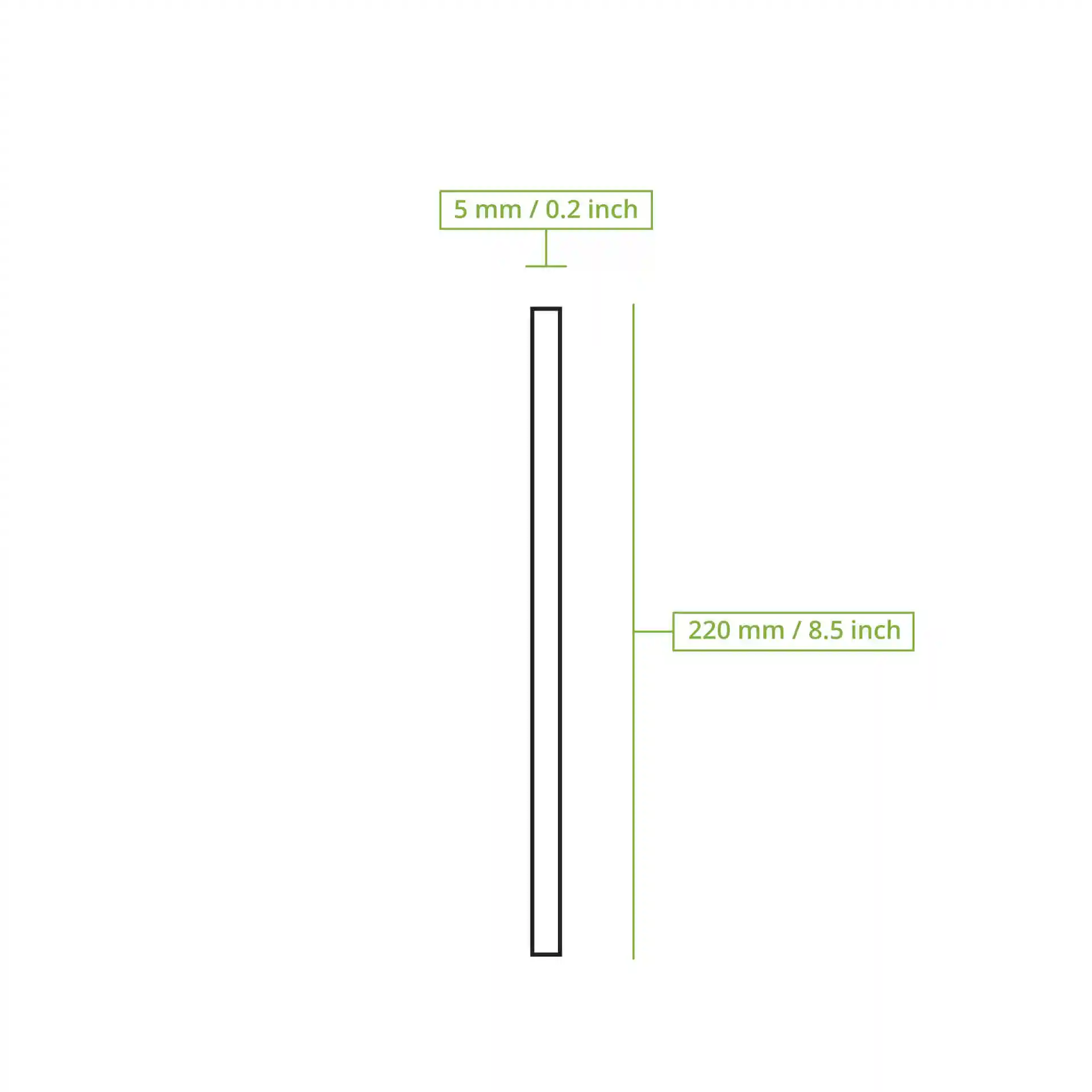 Schematic drawing of a flexible black paper straw with dimensions of 220 mm length and 5 mm diameter.