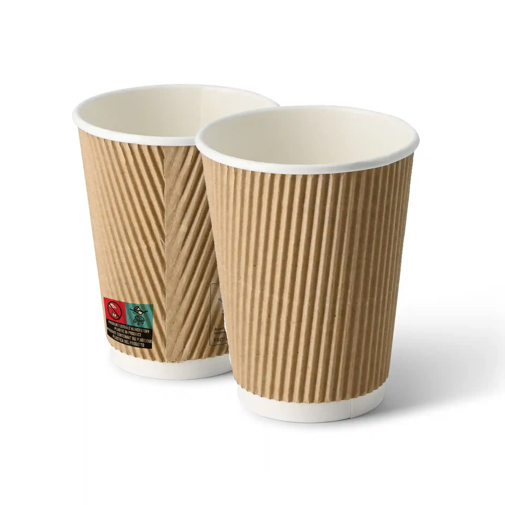 Zwei braune Becher mit Wellenstruktur und weißem Innenleben, runde Form und strukturierte Außenseite.