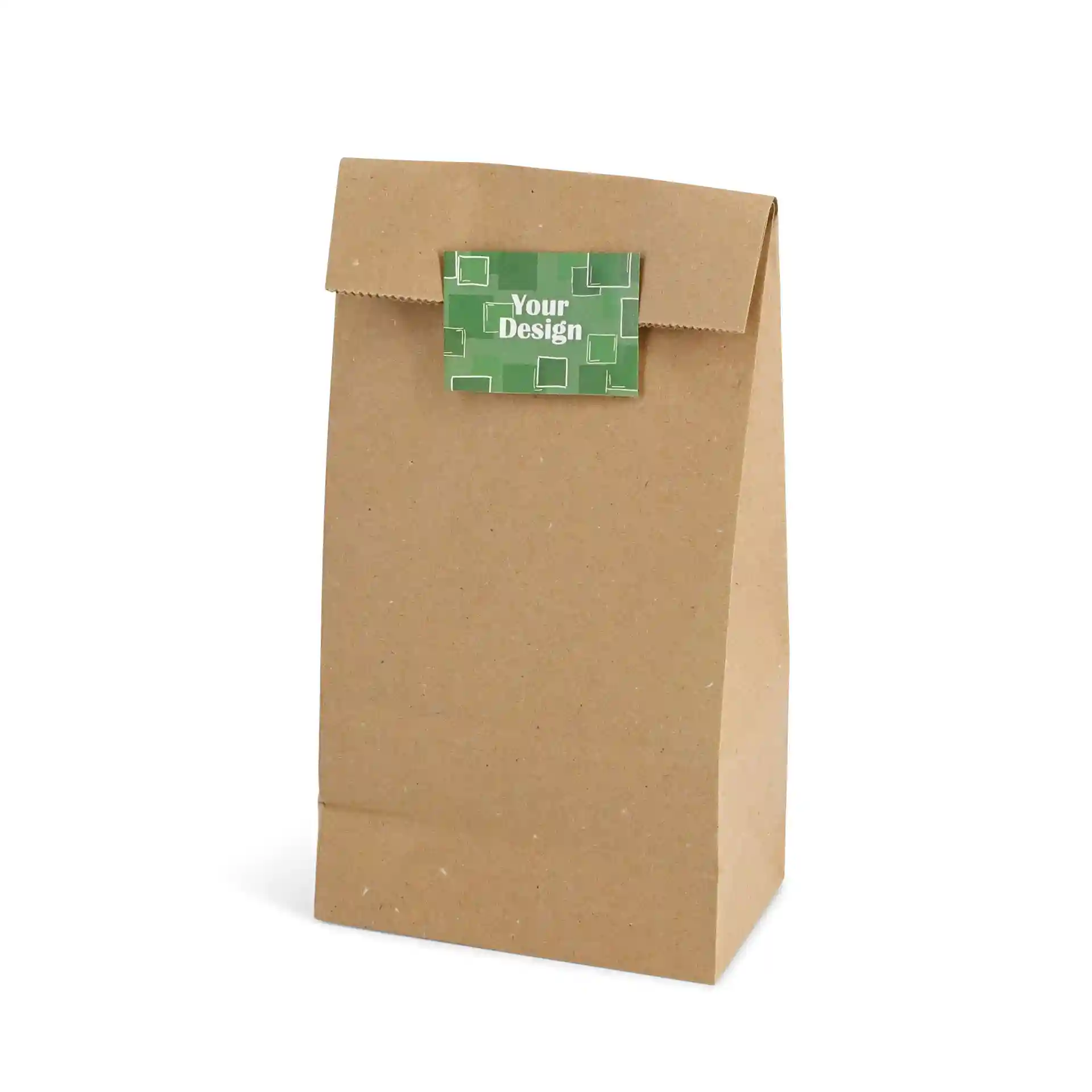 Brown paper bag with a rectangular green label at the top displaying a design placeholder.