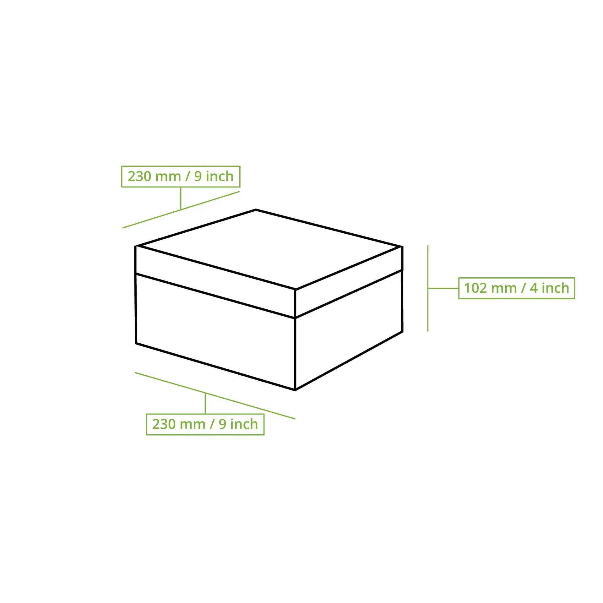 Schematische Zeichnung einer rechteckigen Kuchenbox mit Maßen: 230 mm Länge, 230 mm Breite und 102 mm Höhe.