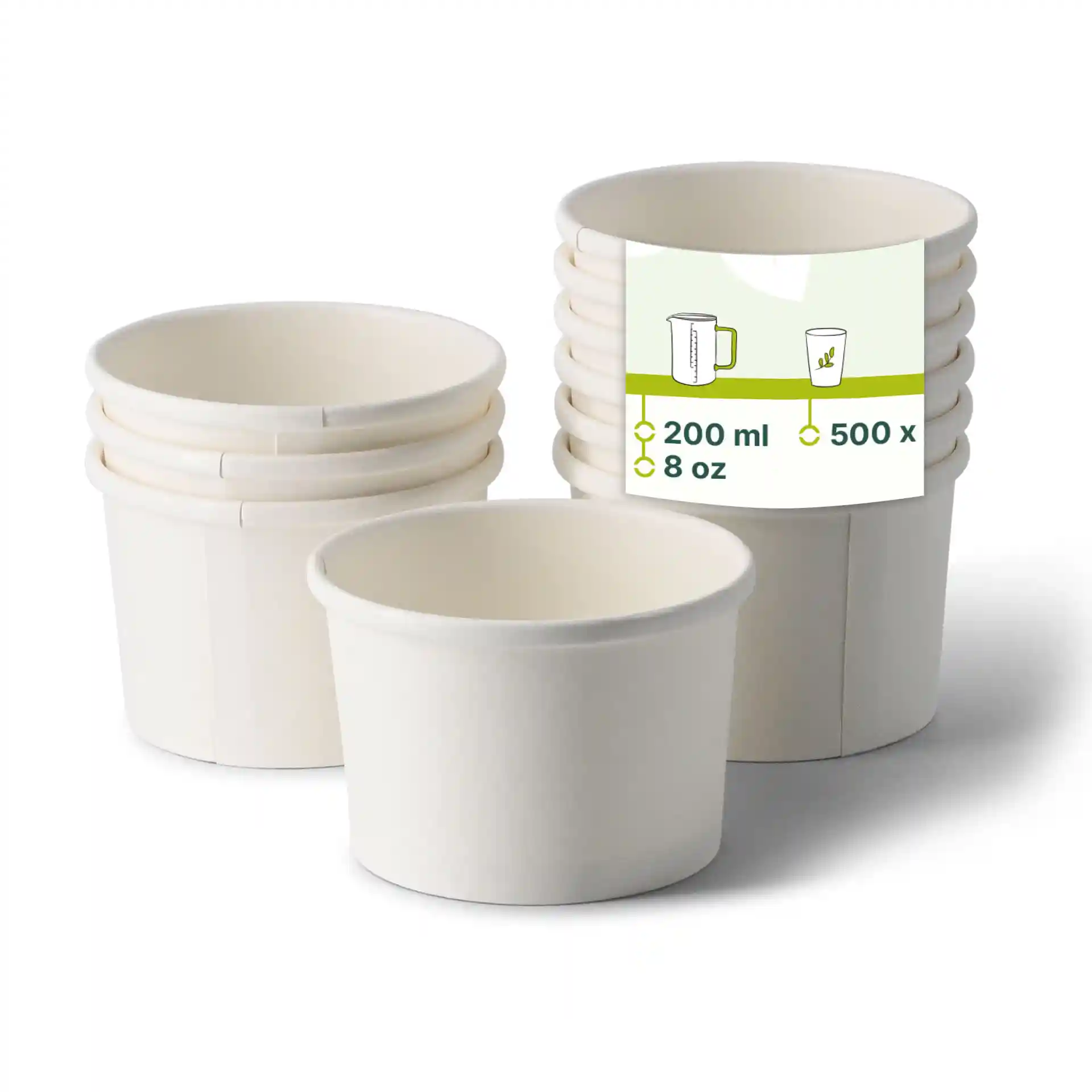 Stapel weißer Pappbecher für Suppe mit einem Etikett, das eine Kapazität von 200 ml und 500 Einheiten zeigt, ein Becher ist vorne sichtbar.