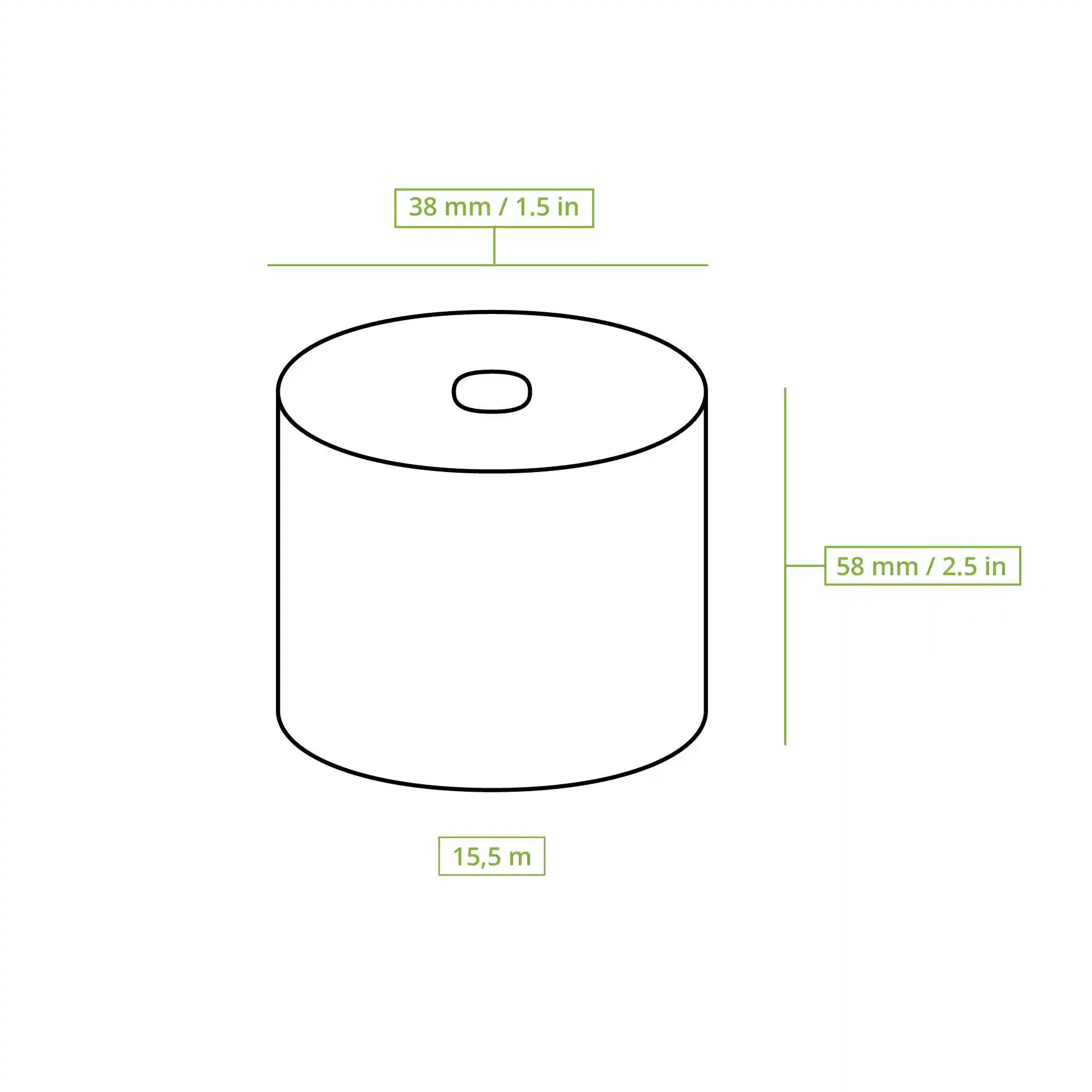 Schematic drawing of a roll with dimensions 38 mm diameter and 58 mm height, labeled with length 15 m.