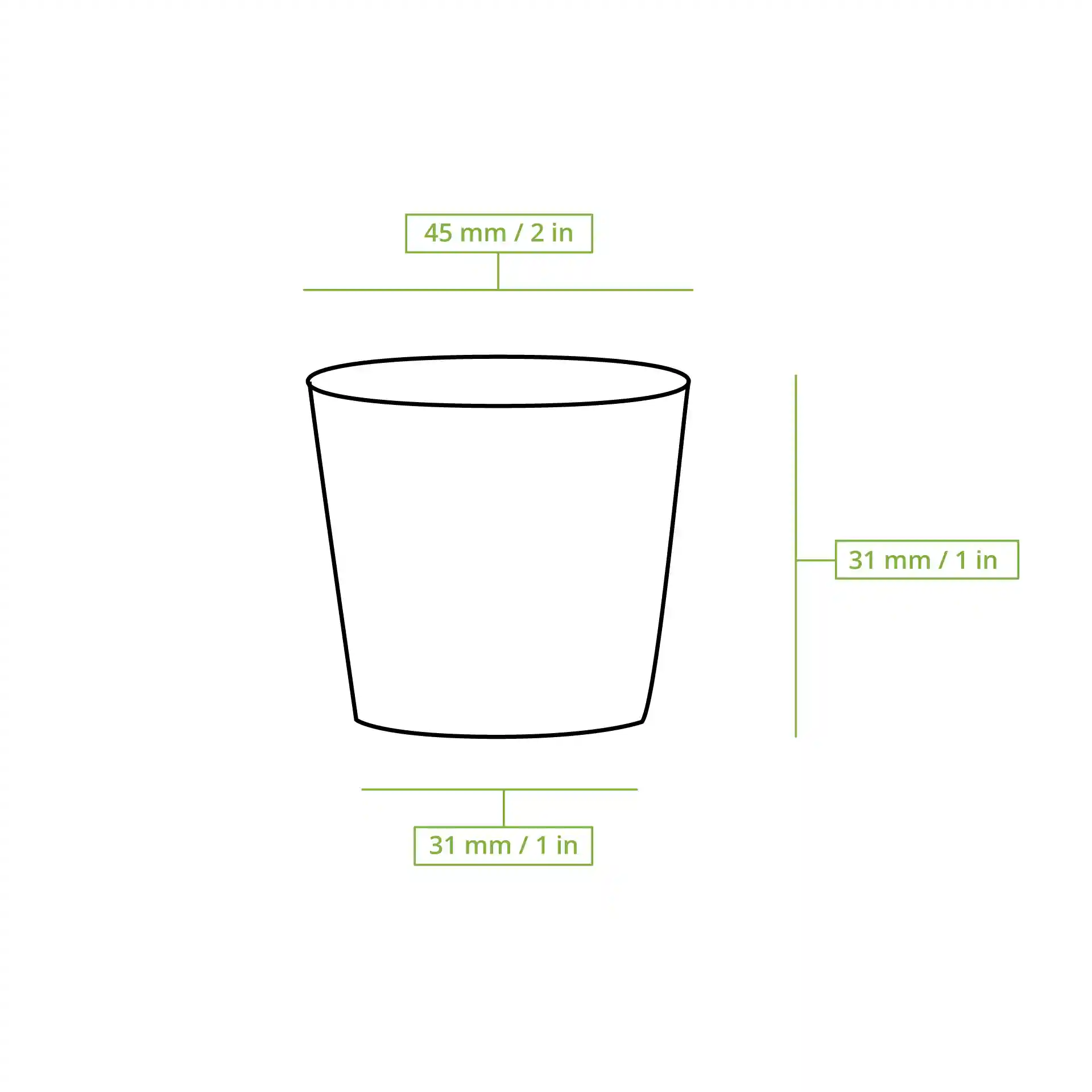 Schematische Zeichnung eines Bechers mit Maßlinien, die eine Höhe von 30 mm und einen Durchmesser von 45 mm zeigen.