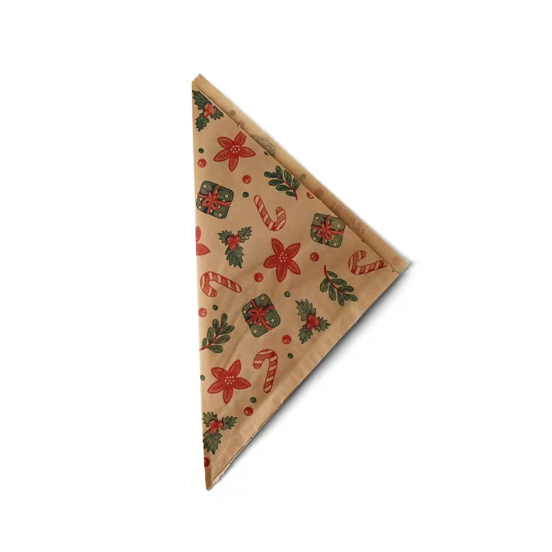 Braune fettdichte Tüte mit Winterdesign, roten Blumen, Zuckerstangen und Geschenken, 19 x 19 cm groß.