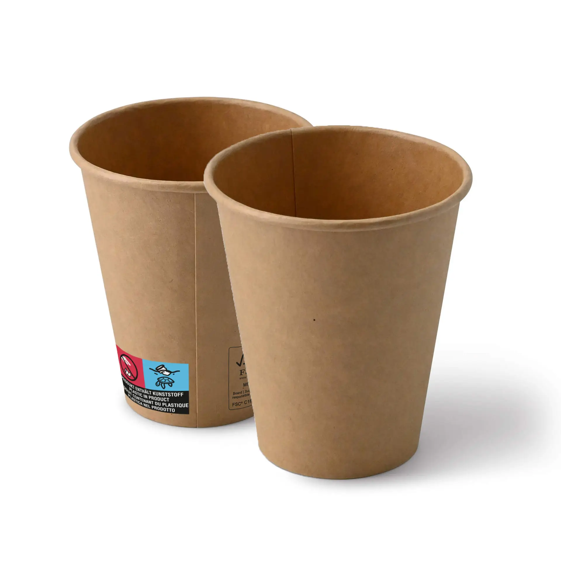 Two brown paper cups, 10 oz, positioned side by side, showcasing a classic design and PE-coating.