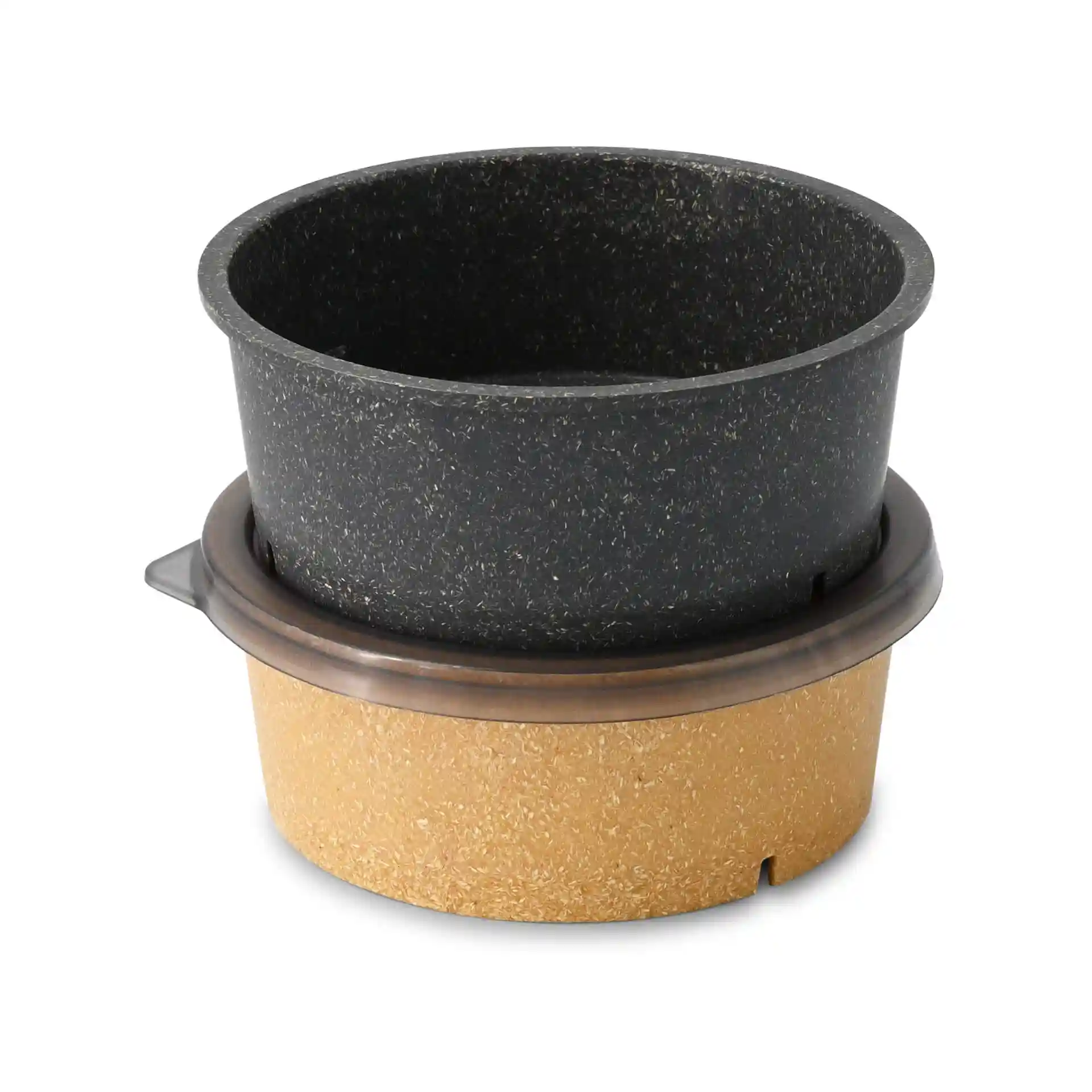 Stacked round bowls in grey plastic, with a smaller bowl on top of a larger one.