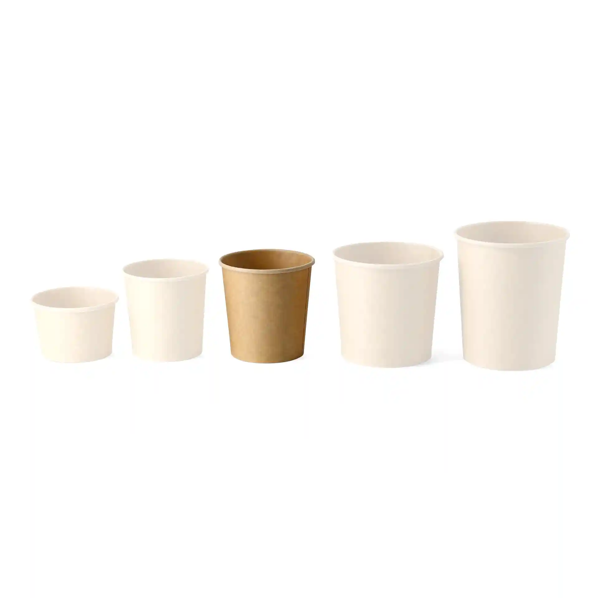 Image of five round paperboard cups in varying sizes, with one brown cup among white cups, on a plain background.