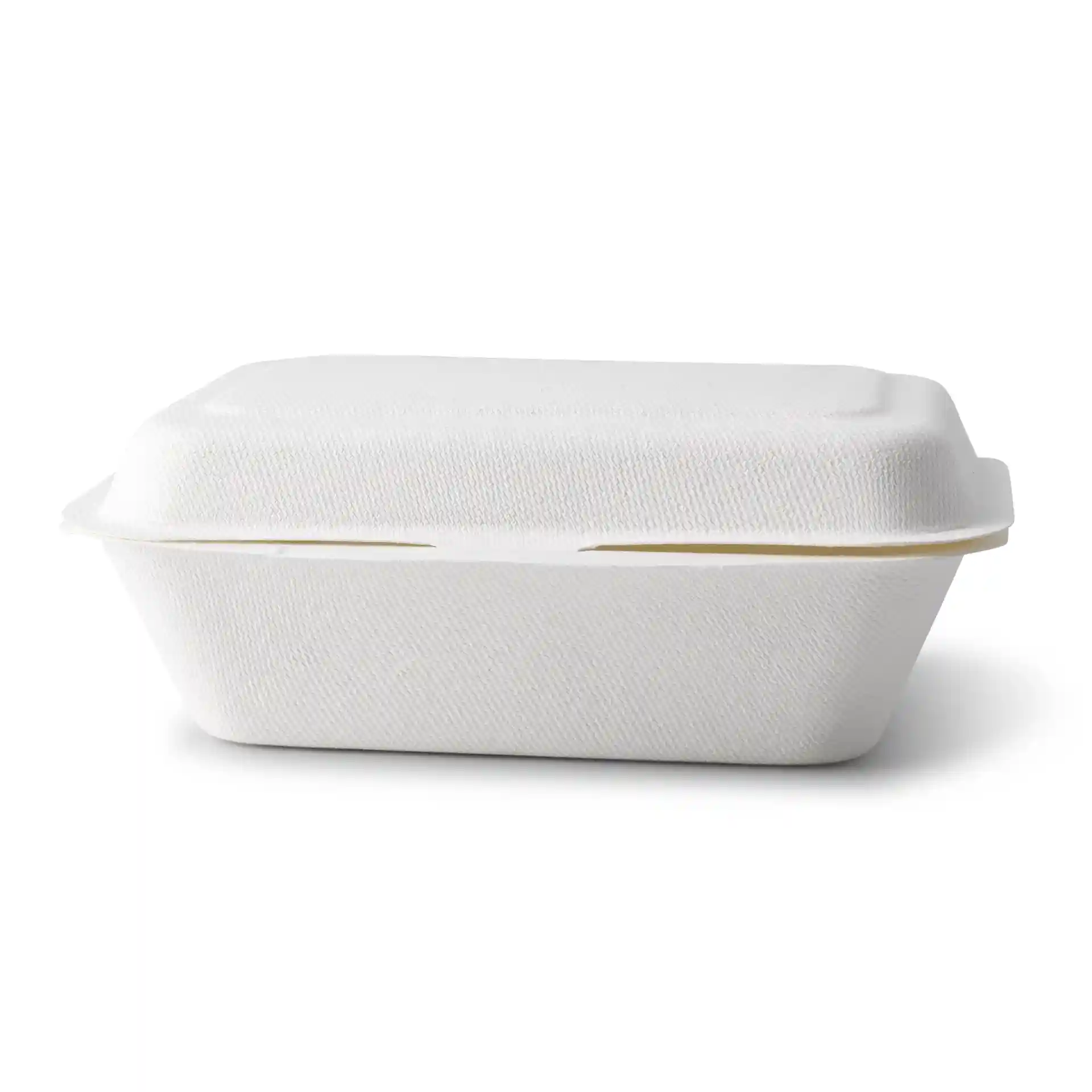 Rechteckiger weißer Lebensmittelbehälter aus Zuckerrohr mit Klappdeckel, 18,5 x 13 x 6,5 cm groß.