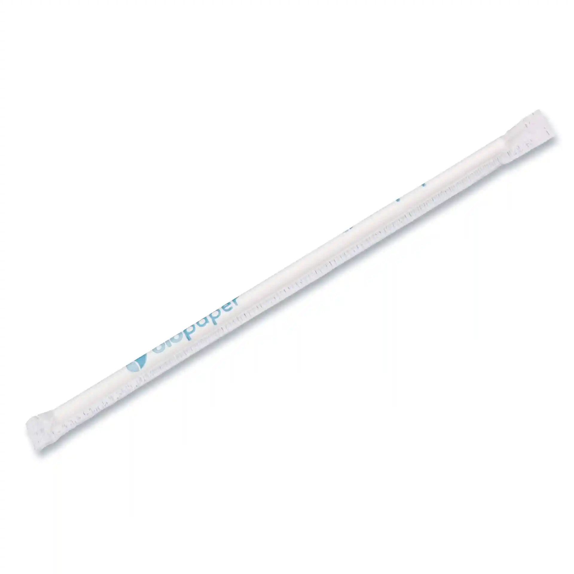 Weißer Papierstrohhalm, 20 cm lang und 0,5 cm im Durchmesser, mit vertikalem Schnitt und eingewickelt.