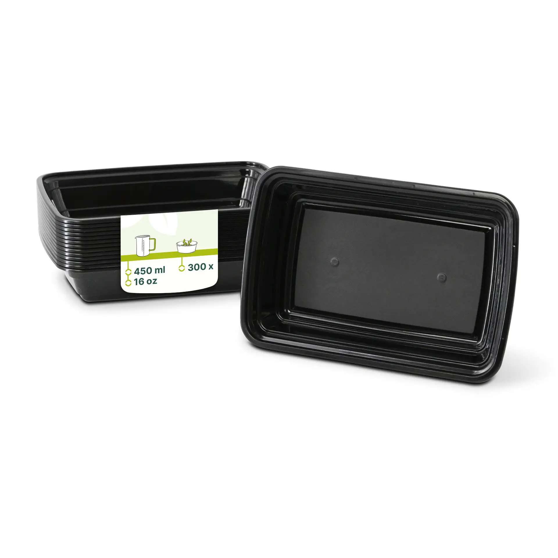 Ein schwarzer rechteckiger wiederverwendbarer Lebensmittelbehälter, 450 ml, mit einem Etikett mit Details; ein weiterer ähnlicher Behälter dahinter.