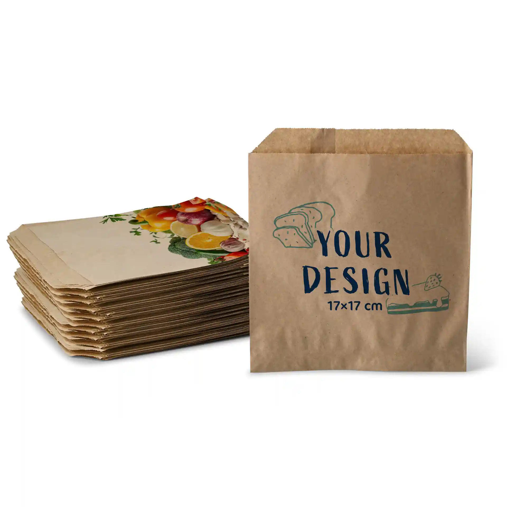 Brown flat bags with a design, measuring 17 × 17 cm, stacked beside a single bag.