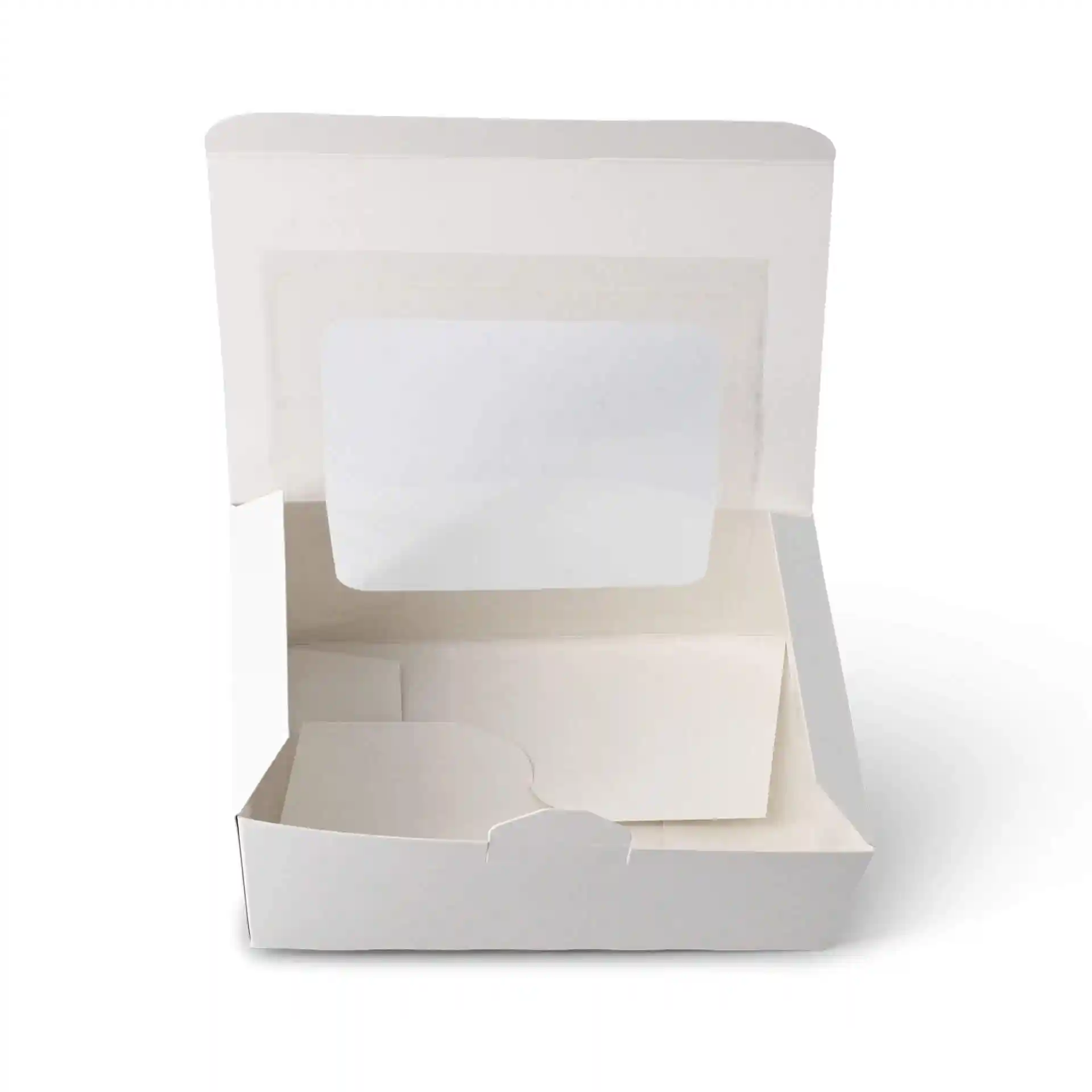 White rectangular cupcake box with a cellulose window, open to show interior compartments.