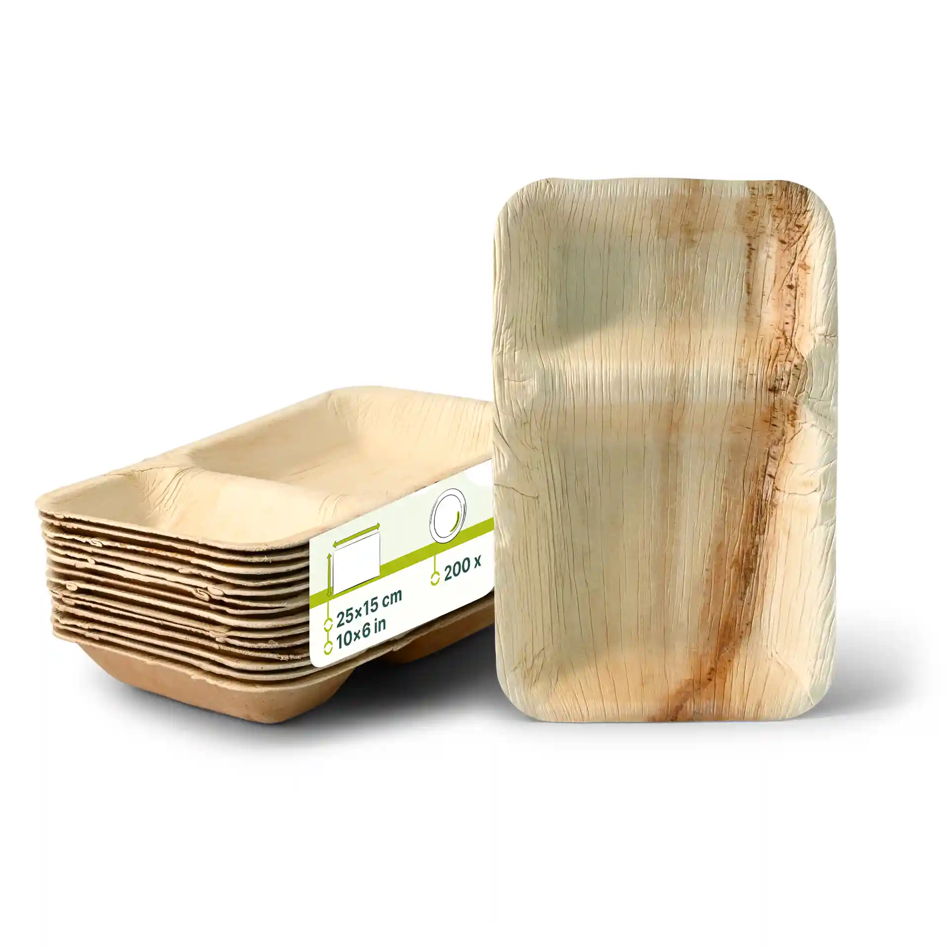 Rectangular palm leaf dinner plate with two compartments, measuring 25 x 15 cm, shown with stacked plates behind.
