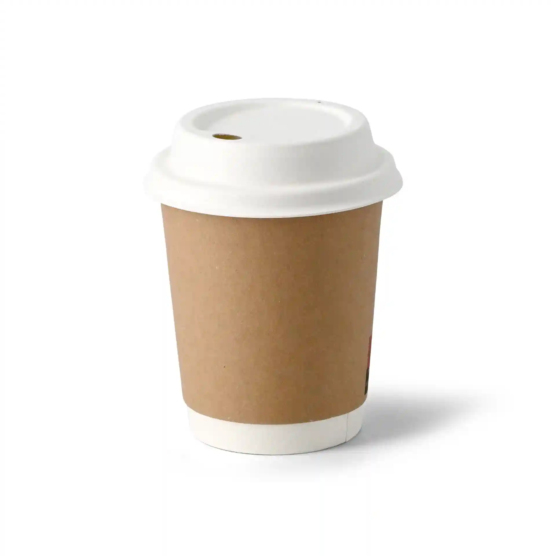 White paper cup with a brown exterior and a white lid, featuring a hole for drinking, on a plain background.
