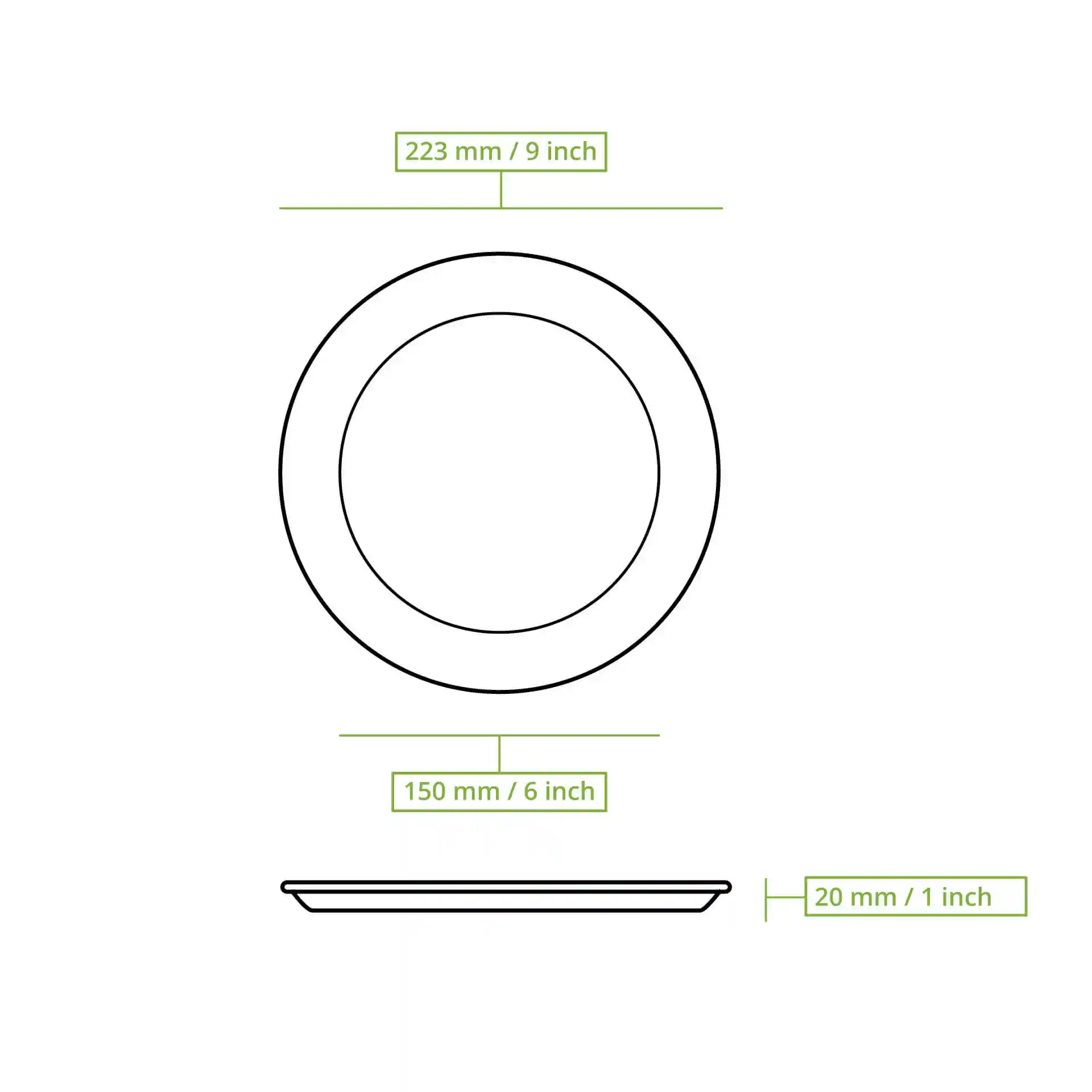 Schematic drawing of a round sugarcane plate with dimensions: 223 mm diameter and 20 mm height.