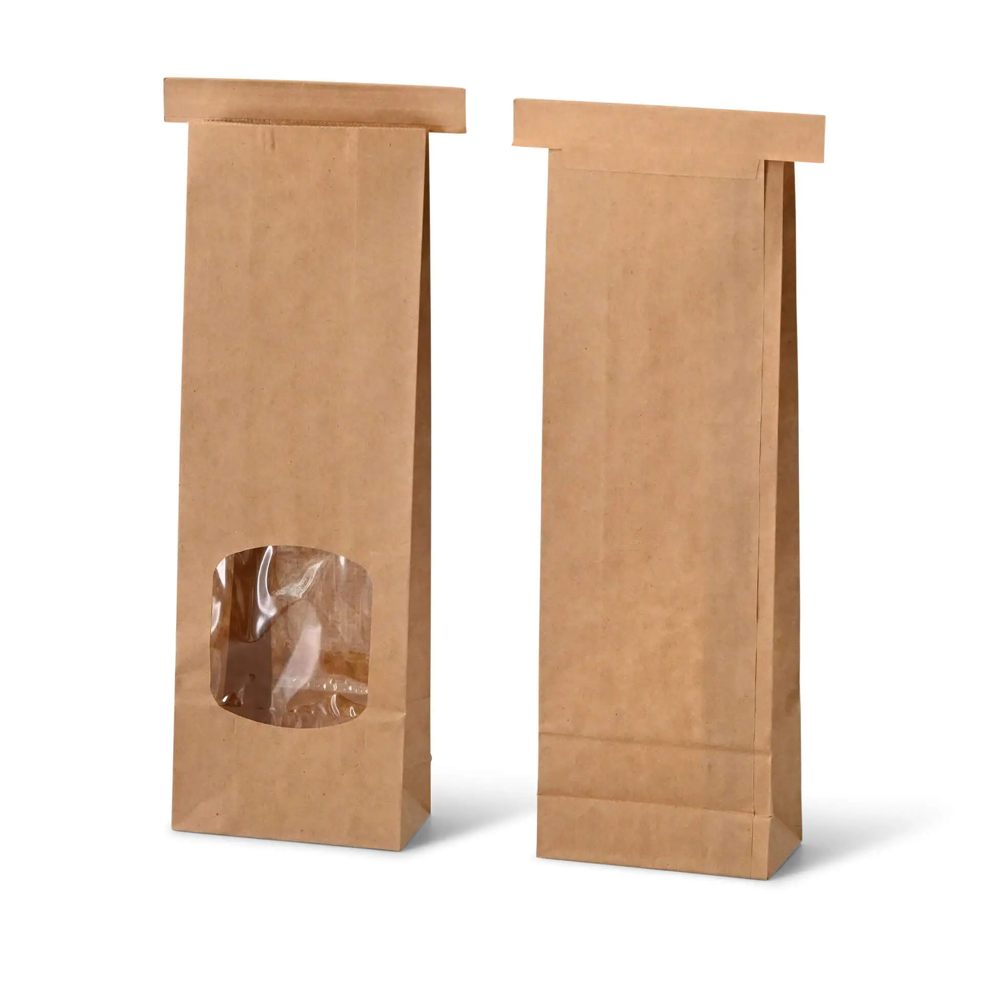 Blockbeutel m. Fenster S, 9 x 4,5 x 26 cm, PP-Folie, braun, Clipband, Kraftpapier