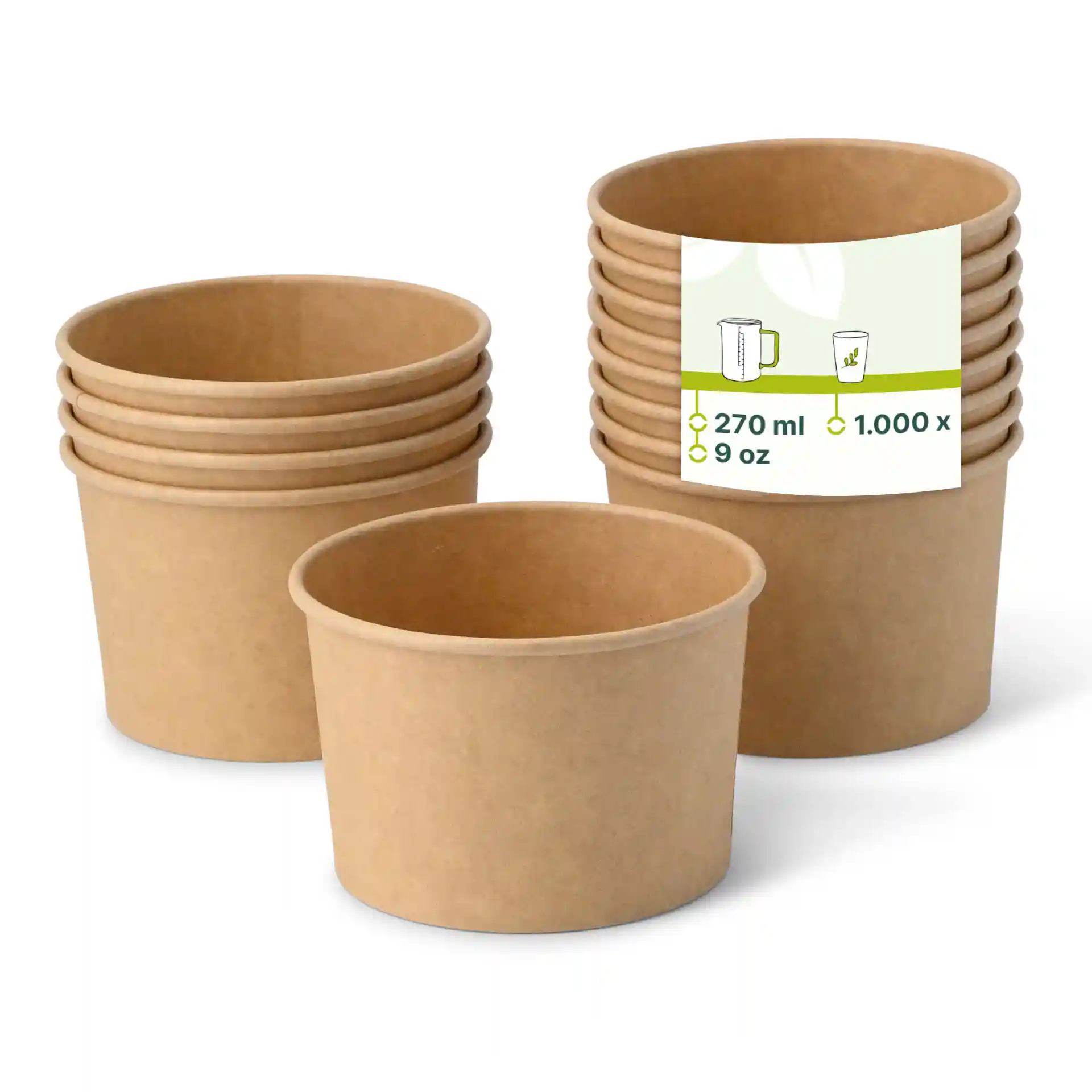 Stapel von acht braunen Pappbechern für Eis, rund, mit einem Becher vorne, der das Innere zeigt.