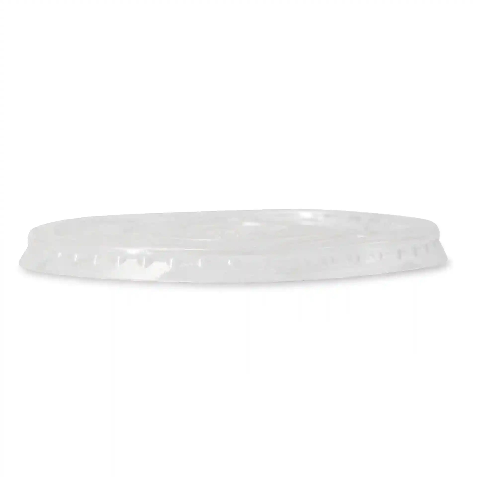 Transparent PLA flat lid with a diameter of 96 mm and a straw hole, viewed from the side.