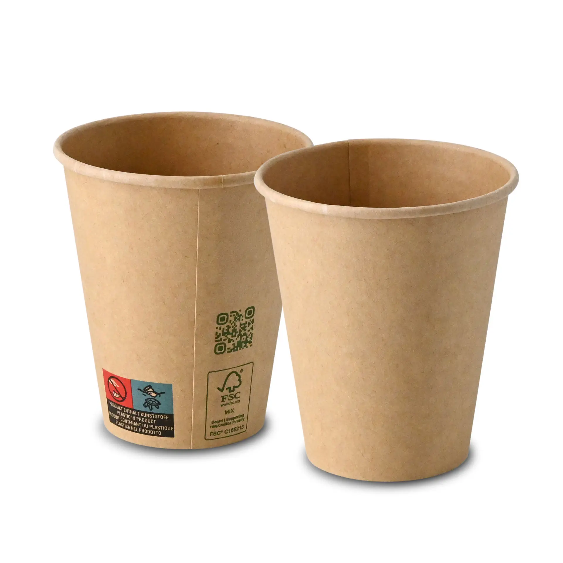 Braune Becher mit einfacher Wand, 250 ml Fassungsvermögen, aus verschiedenen Blickwinkeln gezeigt.