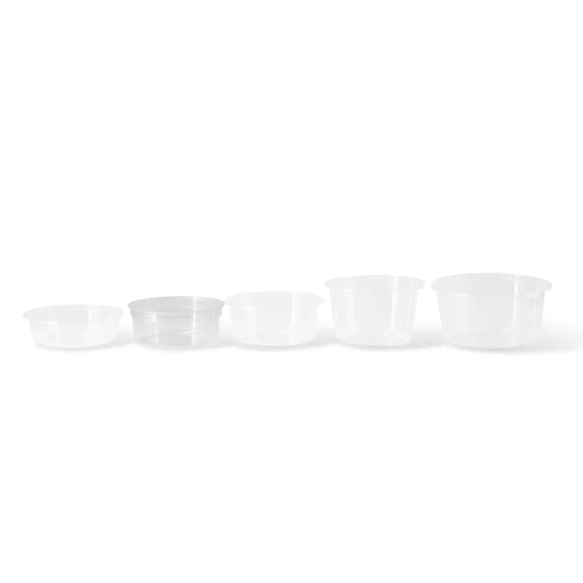 Set of five transparent round deli containers in varying sizes, displayed from smallest to largest.