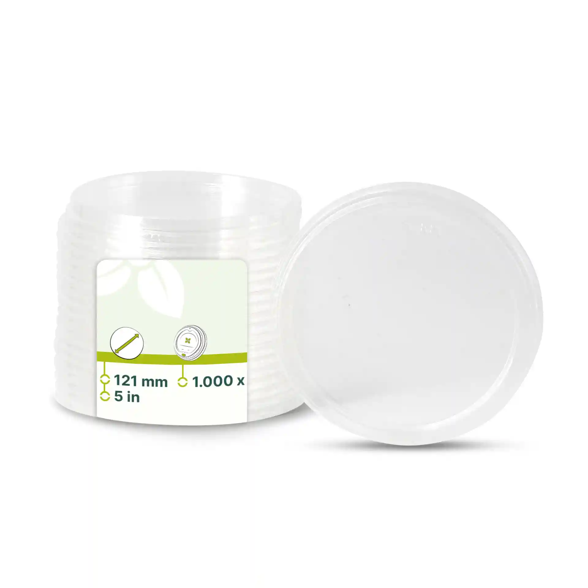 Transparent round PLA lids for deli cups, measuring 121 mm in diameter, stacked with one lid on top.