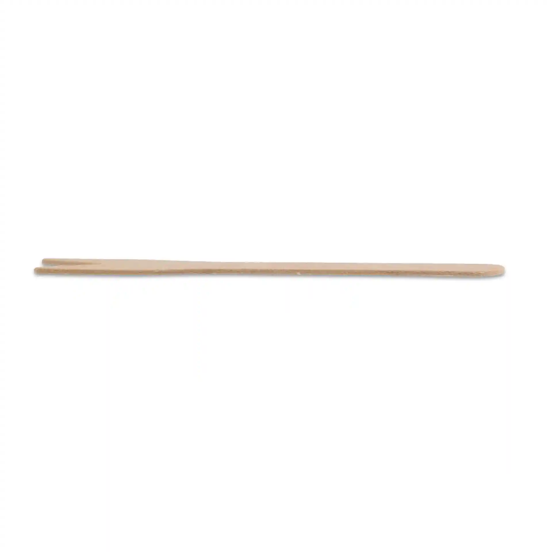Brown wooden chip fork, 8.5 cm long, with a narrow, pointed end and a flat handle.