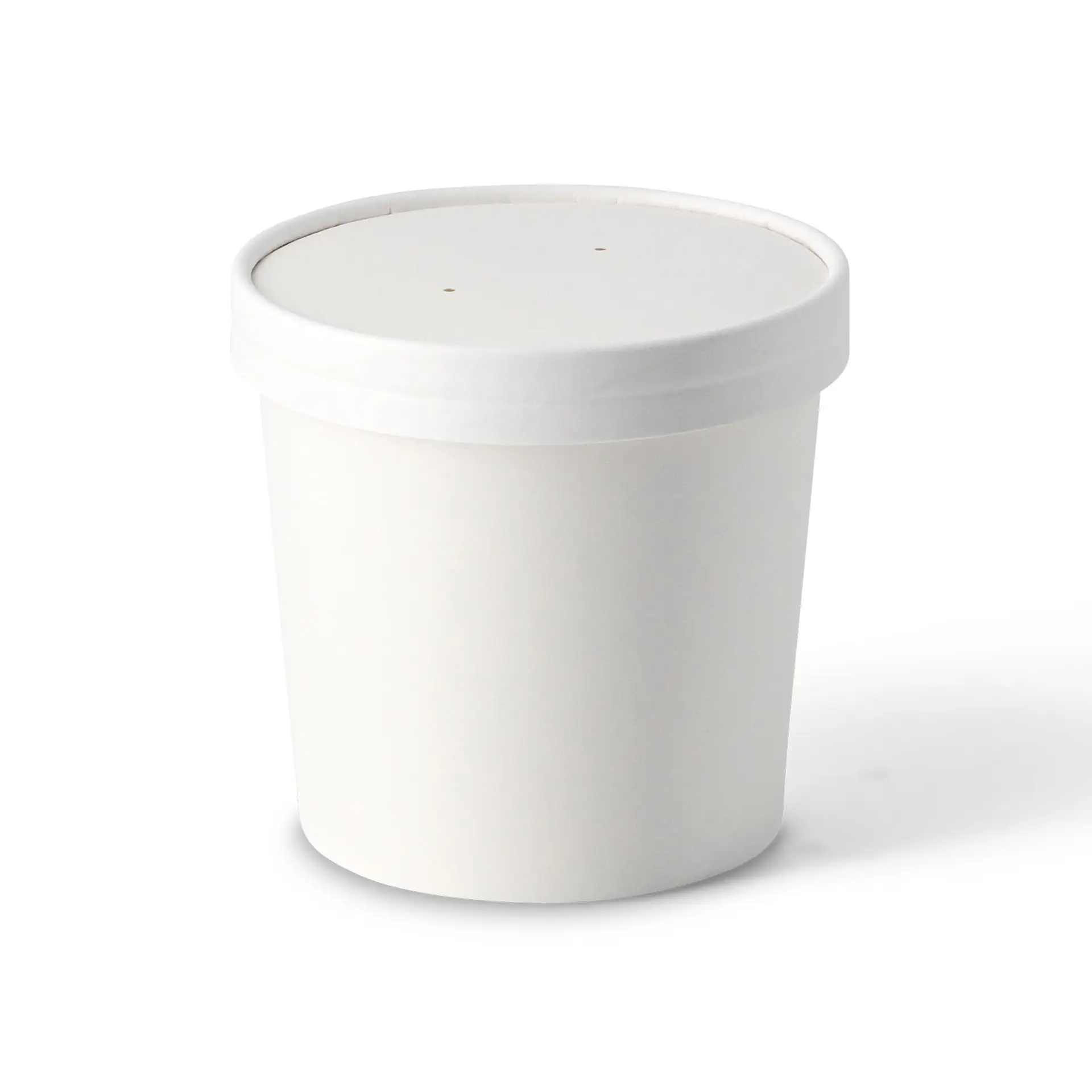 Weiße To-Go-Suppebecher aus biologisch abbaubarem Karton, 16 oz, mit PLA-Beschichtung, schlichtes Design und versiegeltem Deckel.