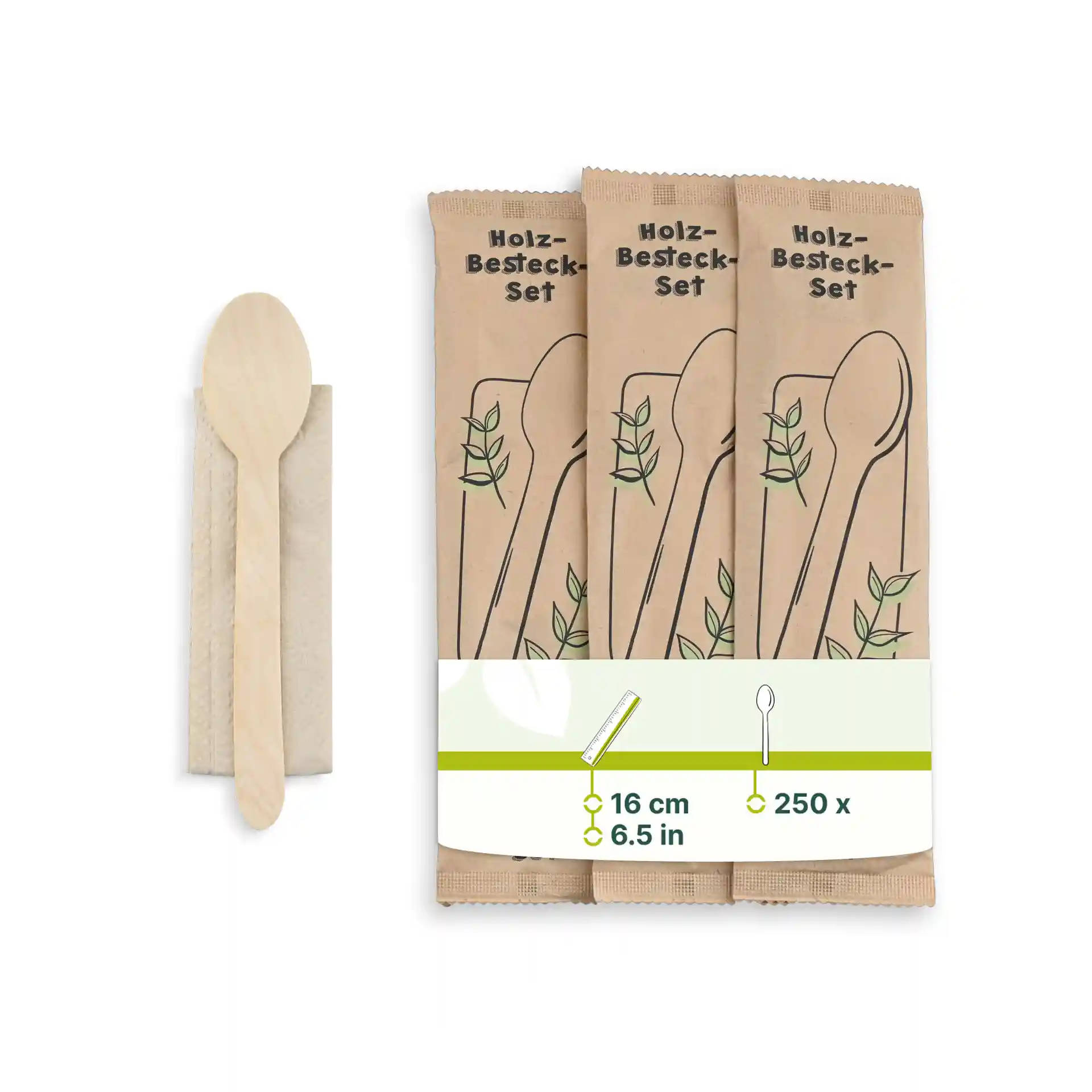 Holzbesteckset mit einem Löffel und Serviette, verpackt in einer braunen Tasche mit Blattillustrationen.