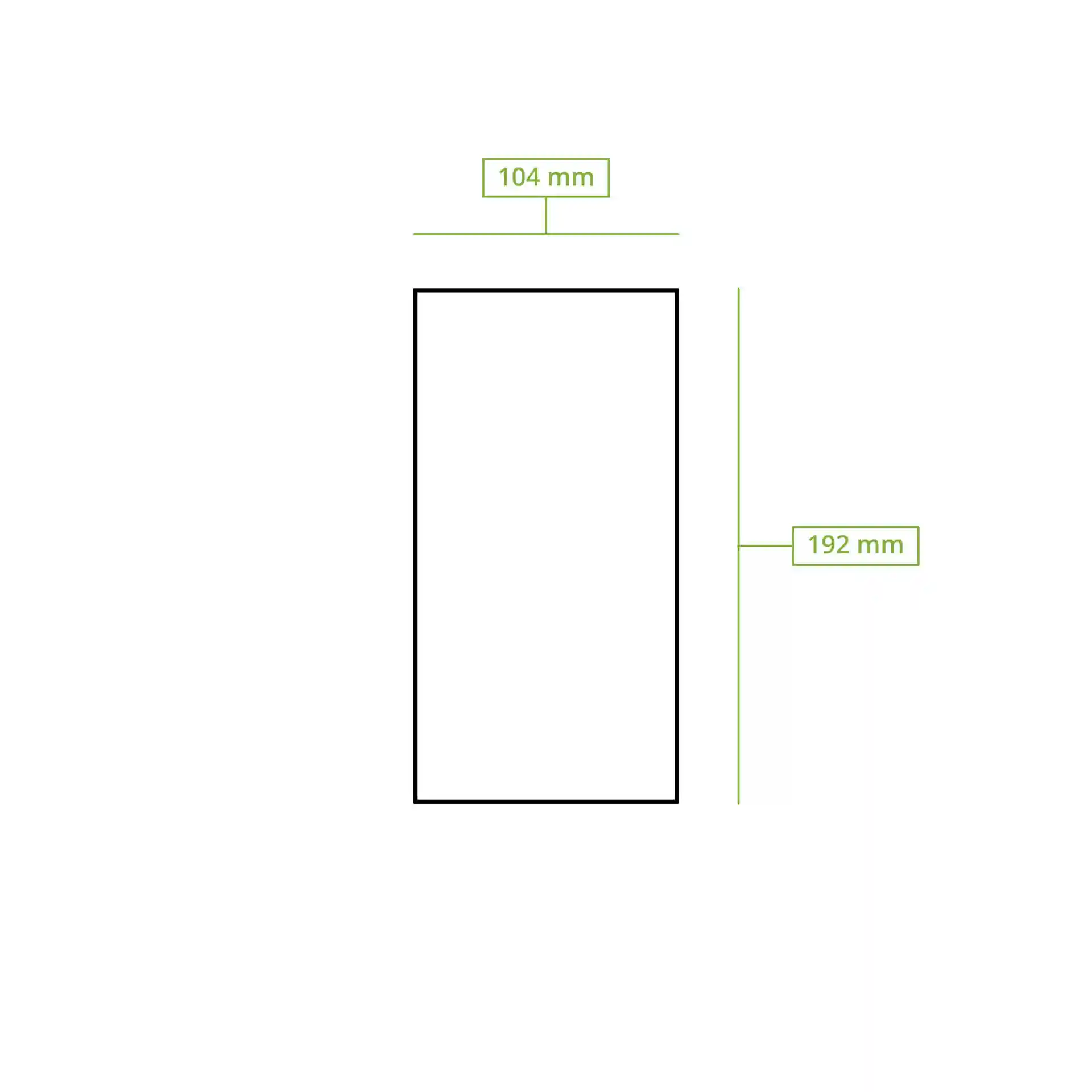 Schematic drawing of a flat paper bag with dimensions 104 mm by 192 mm outlined in black.