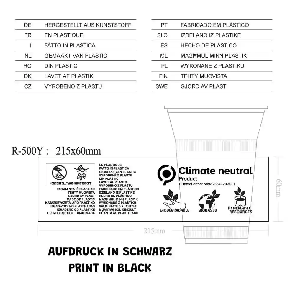 Schematische Zeichnung eines 16 oz PLA Smoothie-Bechers mit Abmessungen und mehrsprachigen Textbeschriftungen.