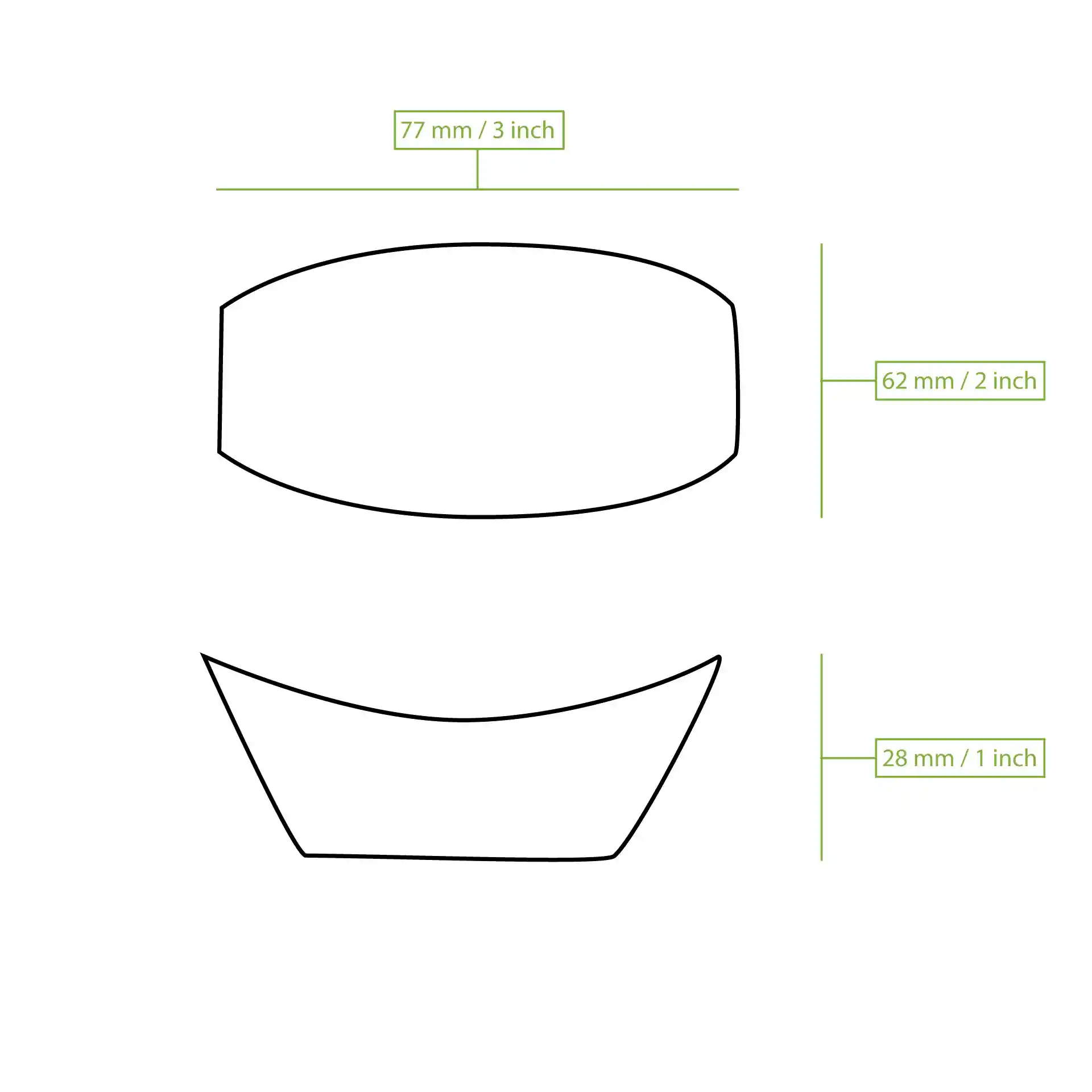 Schematic drawing of a boat-shaped object with dimensions 77 mm by 62 mm and 28 mm height.
