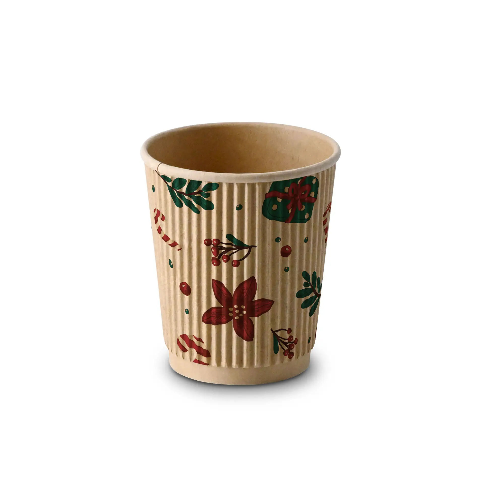 Brown ripple cup with winter design, featuring red flowers, green leaves, and candy canes, 200 ml capacity.