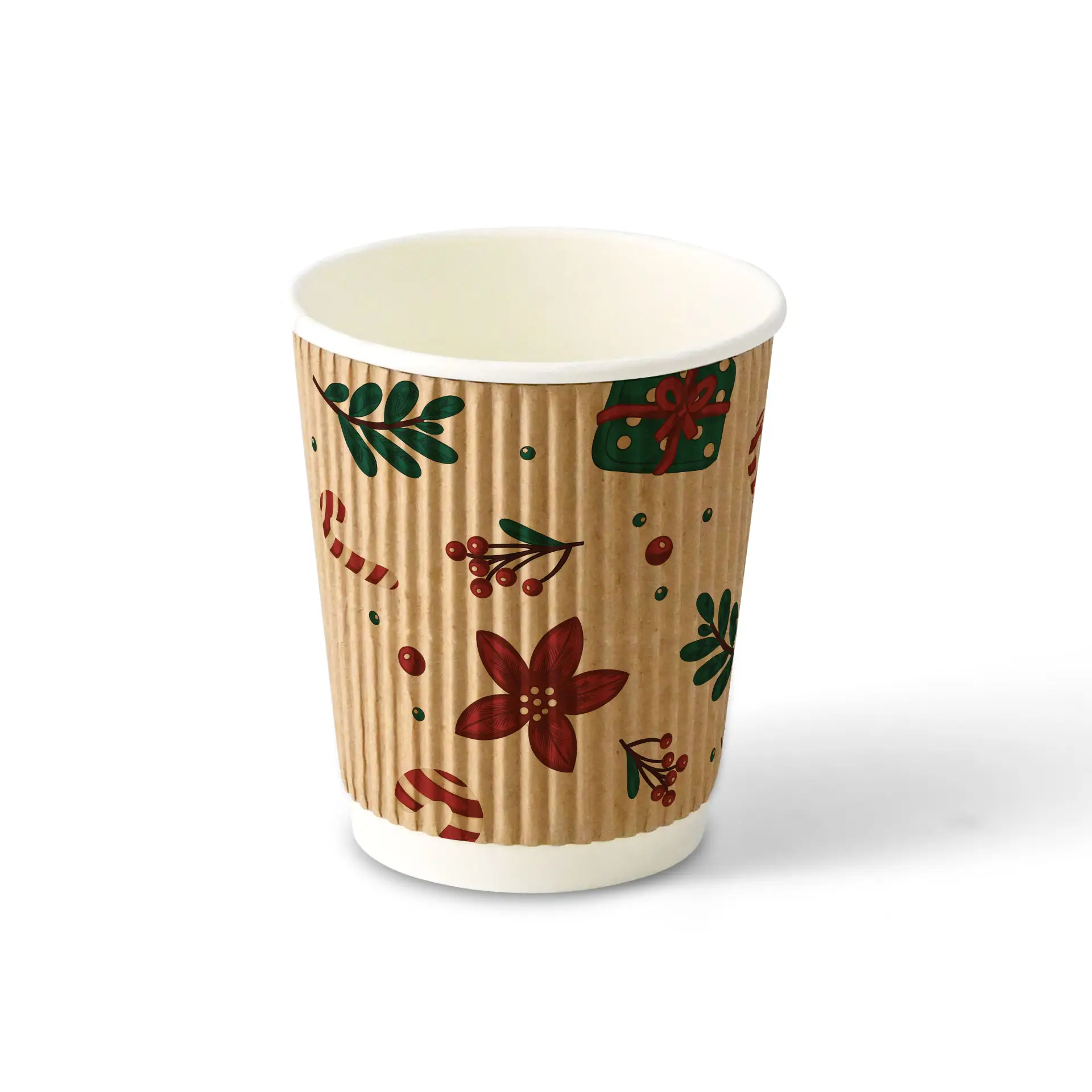 Brown ripple cup with winter design, 200 ml capacity, featuring red and green decorations on a textured surface.