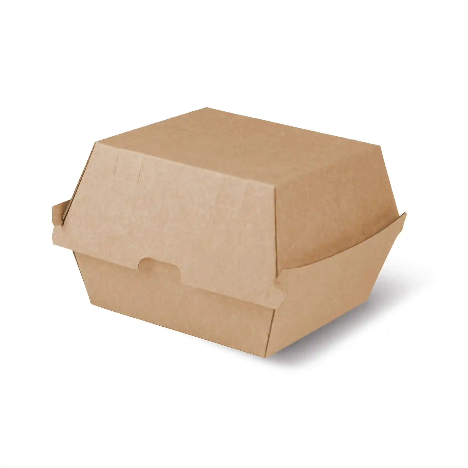 Brown cardboard burger box with a square shape, measuring 13 x 14 x 8 cm.