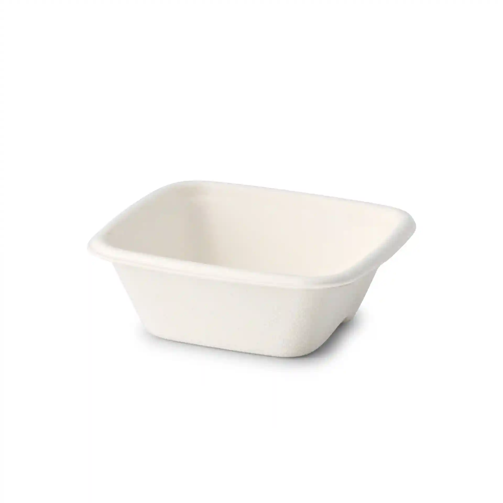 Weiße quadratische Bagasse-Portionsbecher, 70 ml, 81 x 81 x 27 mm, ohne Beschichtung.