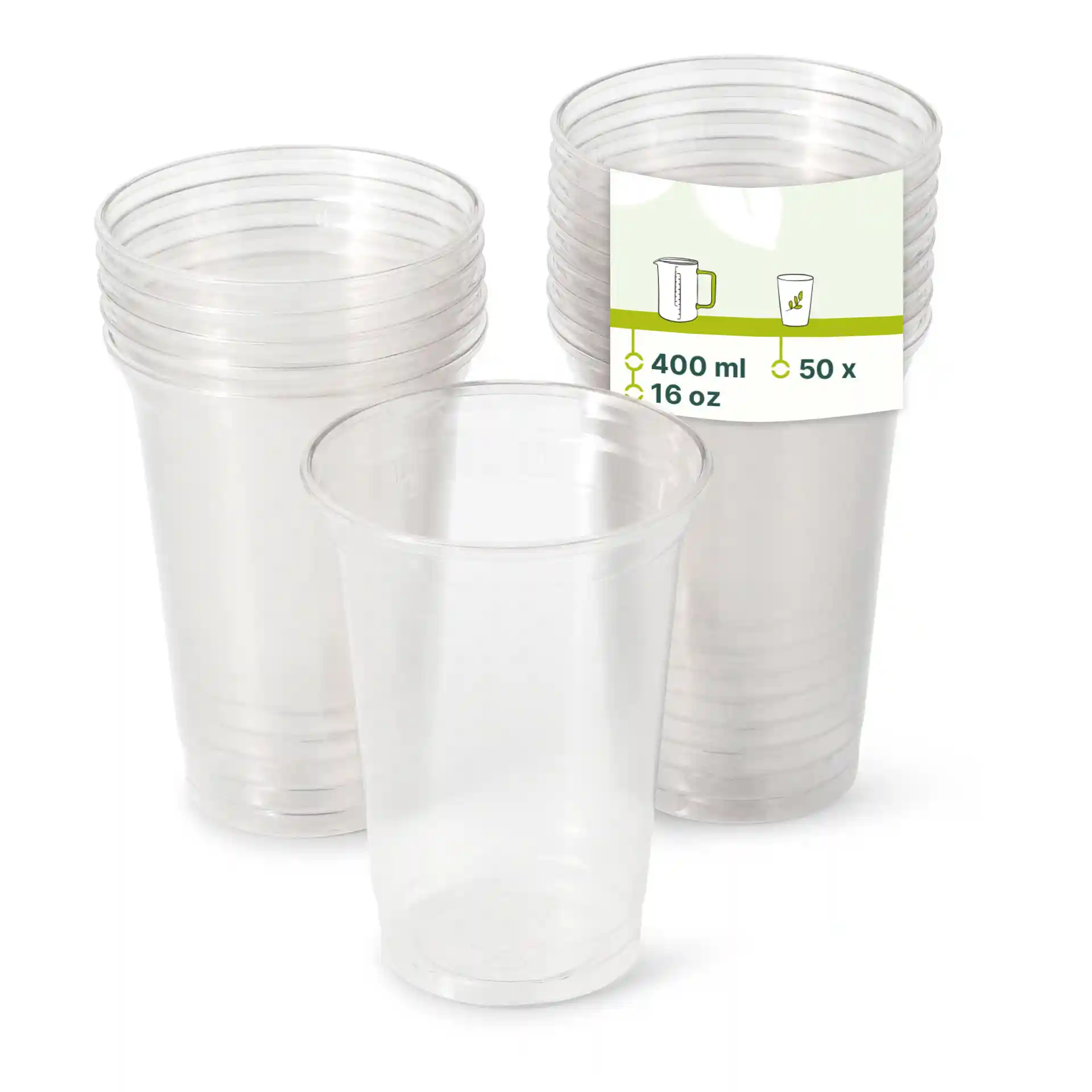 Transparente rPET Becher gestapelt, mit einem Becher vorne und einem Etikett mit 400 ml Fassungsvermögen und 50 Stück.