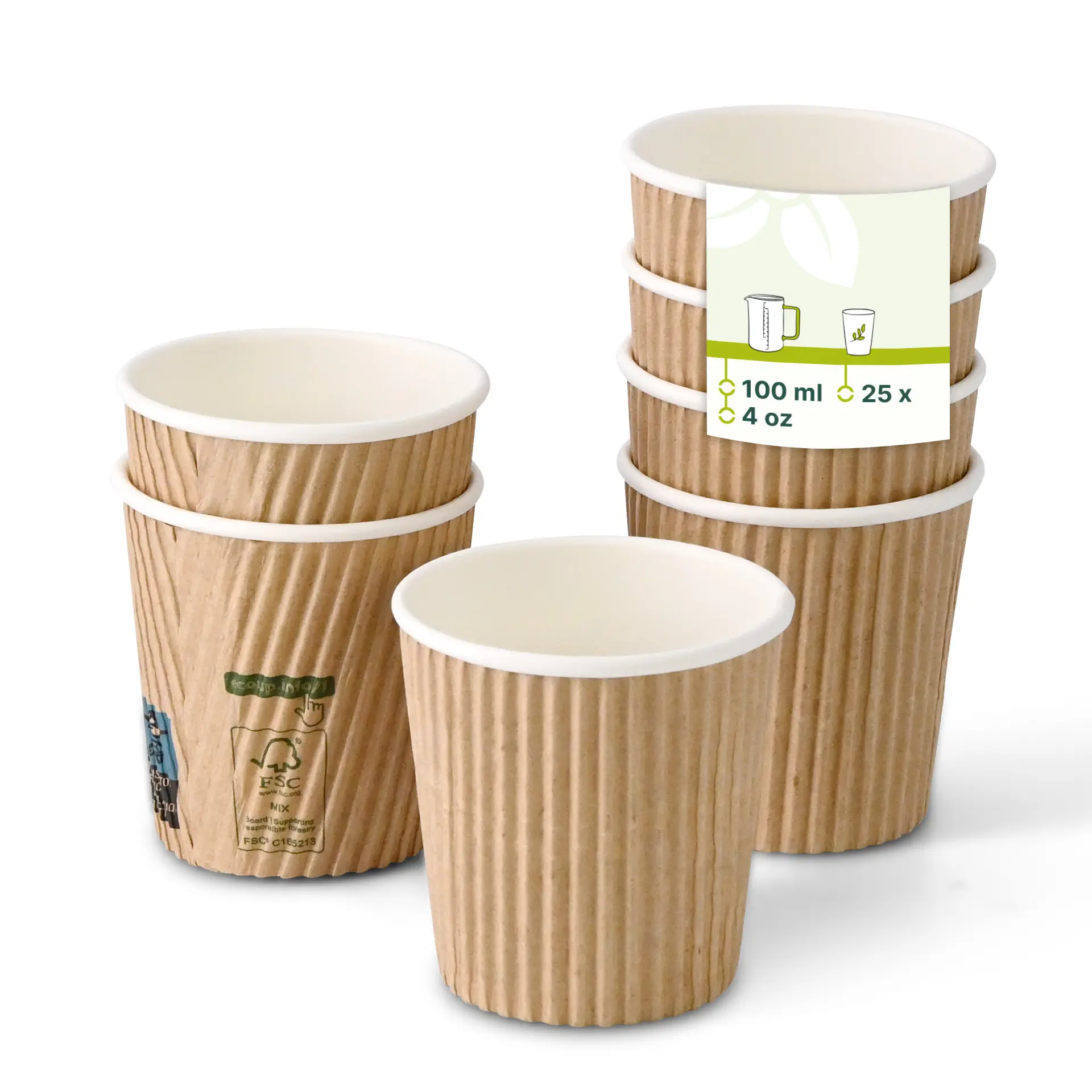 Four 4 oz ribbed coffee cups with a brown exterior and white interior; features a label with information about the product.