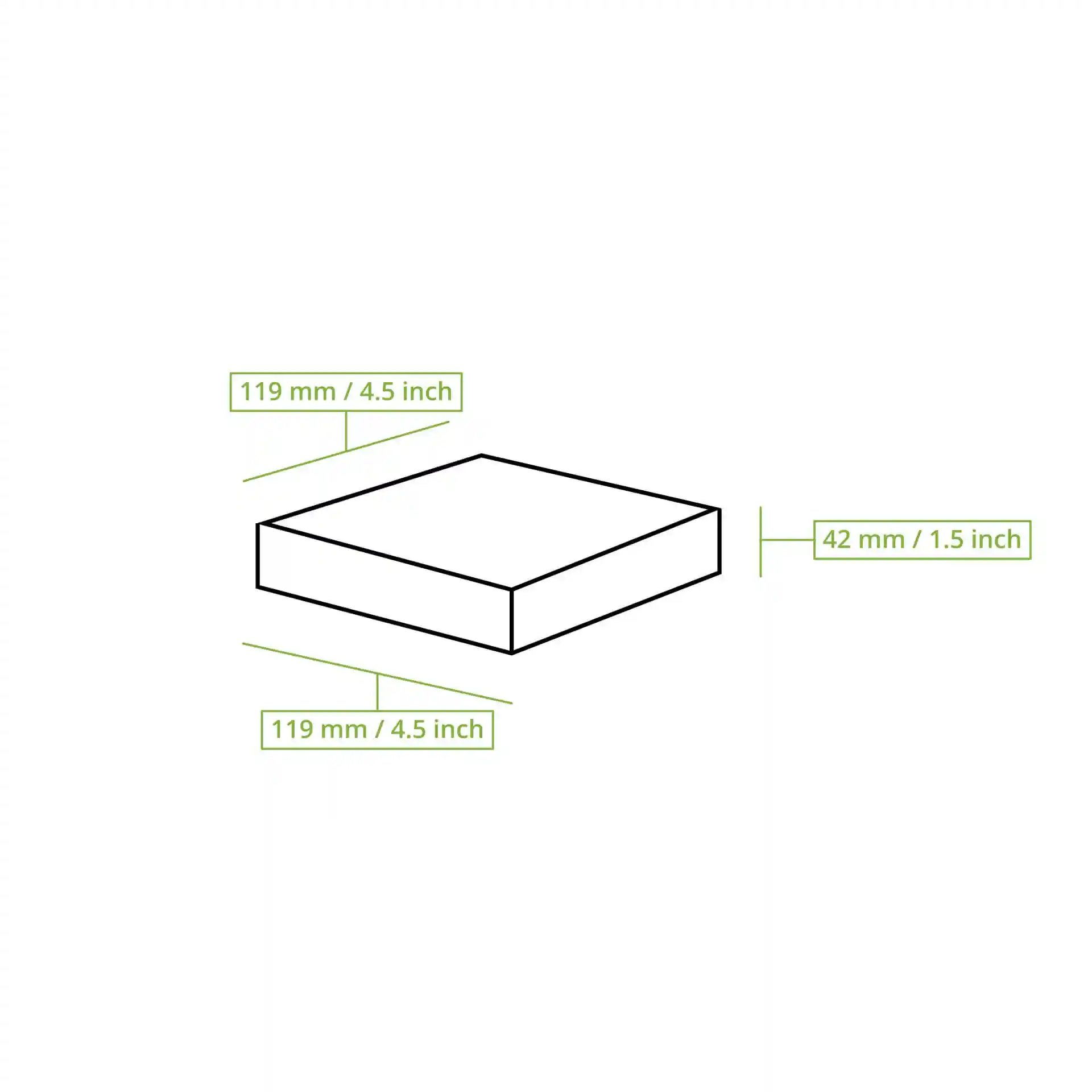 Schematic drawing of a rectangular box with dimensions 120 mm x 120 mm x 43 mm and a cellulose window.