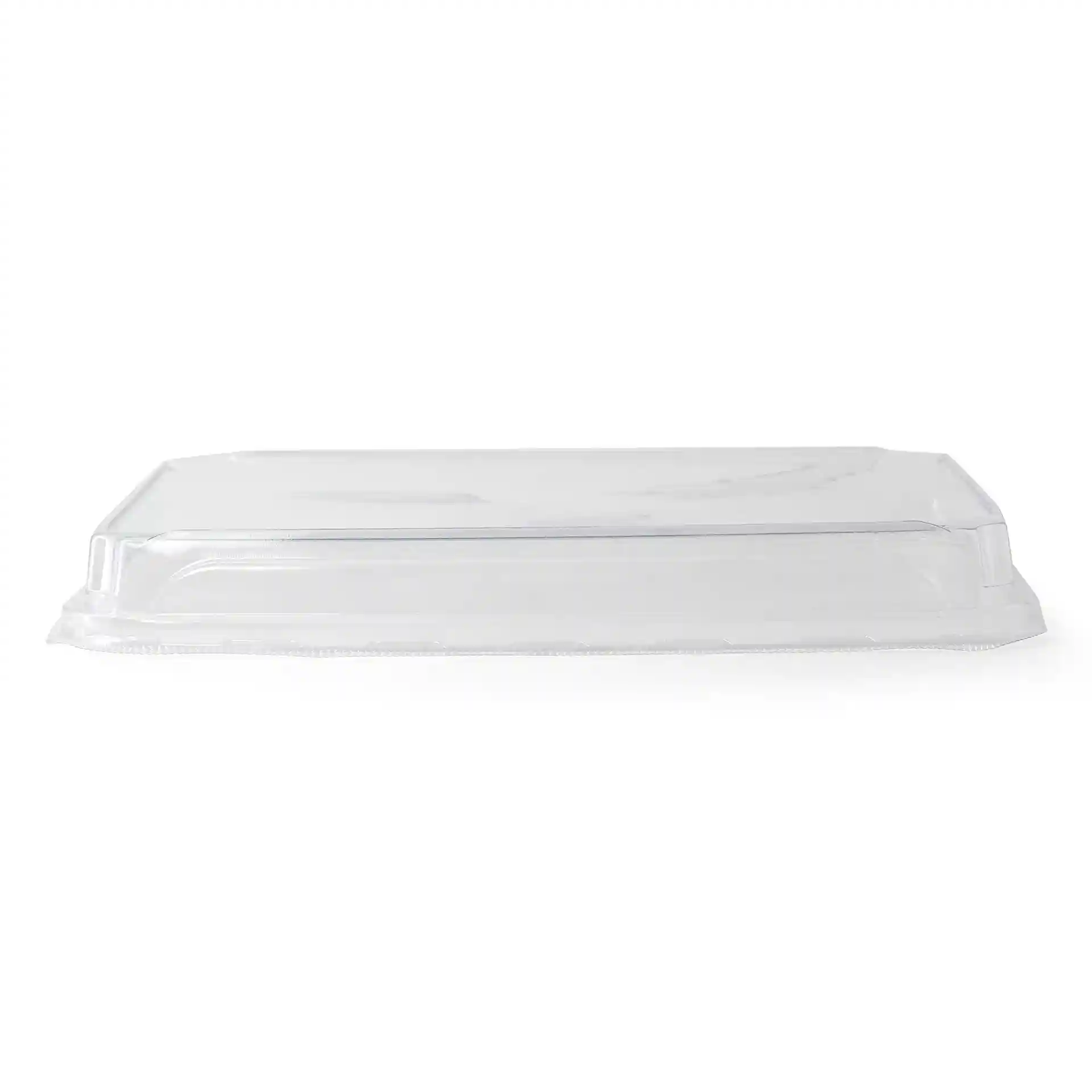 Transparent PET lid for sushi boxes, measuring 25.5 x 18 x 3 cm, shown from the side on a plain background.