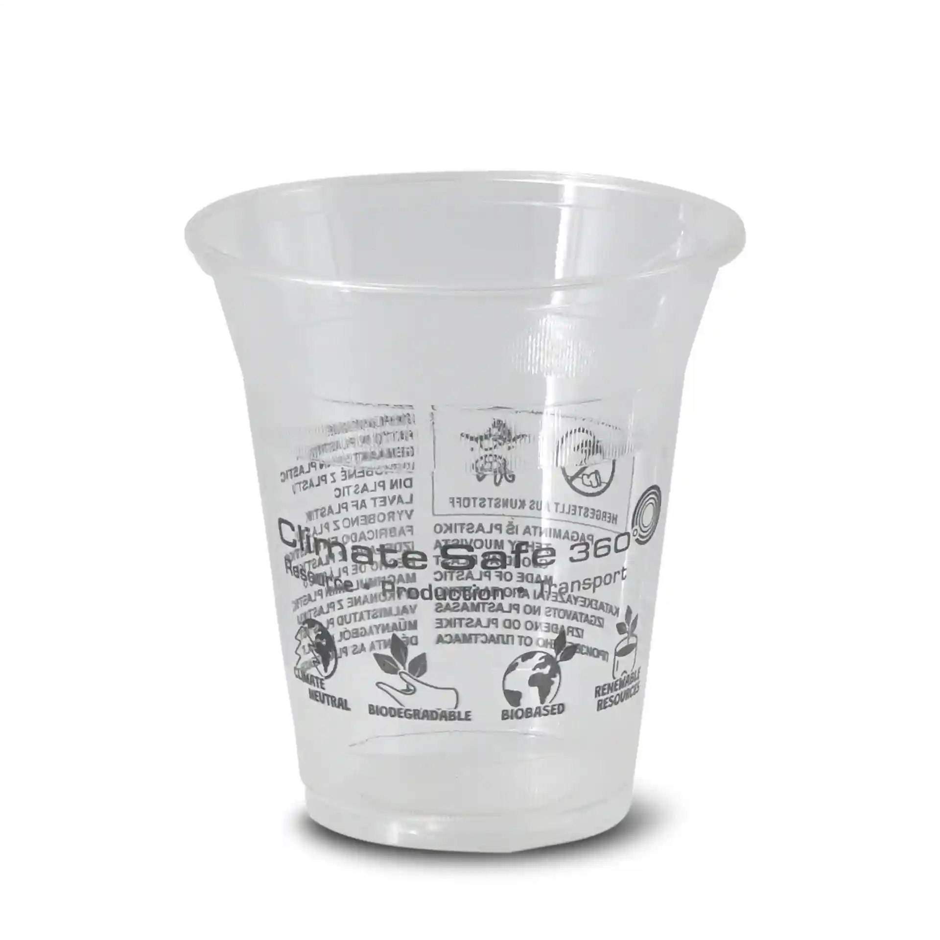 Transparenter 12 oz PLA Smoothie-Becher mit glatter Oberfläche und verschiedenen Markierungen an der Seite.