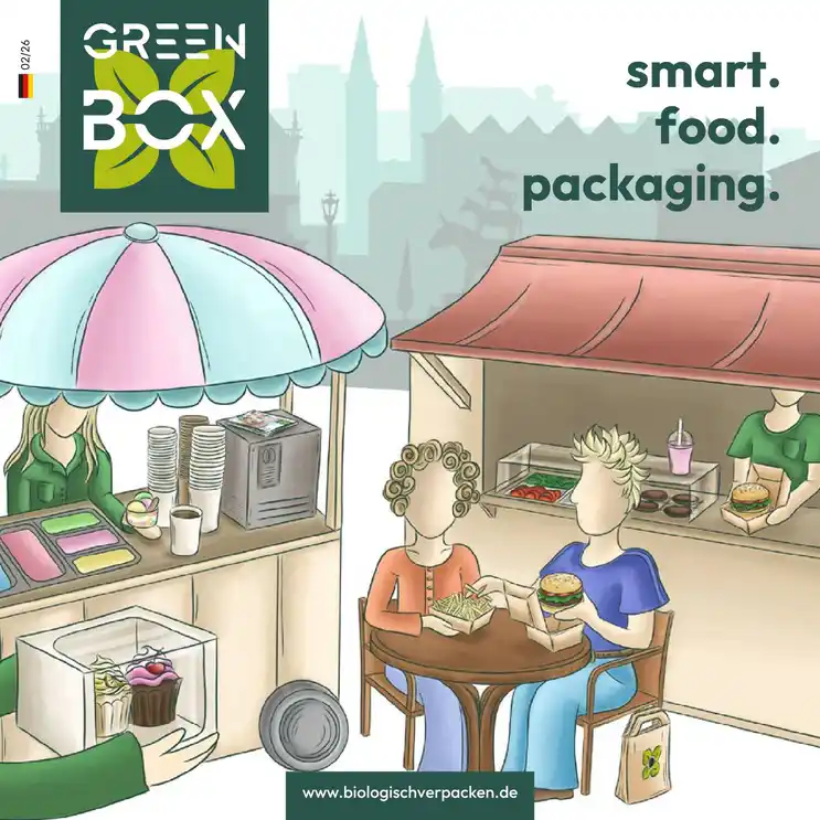 Illustration einer Foodszene mit Ständen, Menschen, die Essen genießen, und einem Logo für "Green Box" mit dem Text "smart. food. packaging."