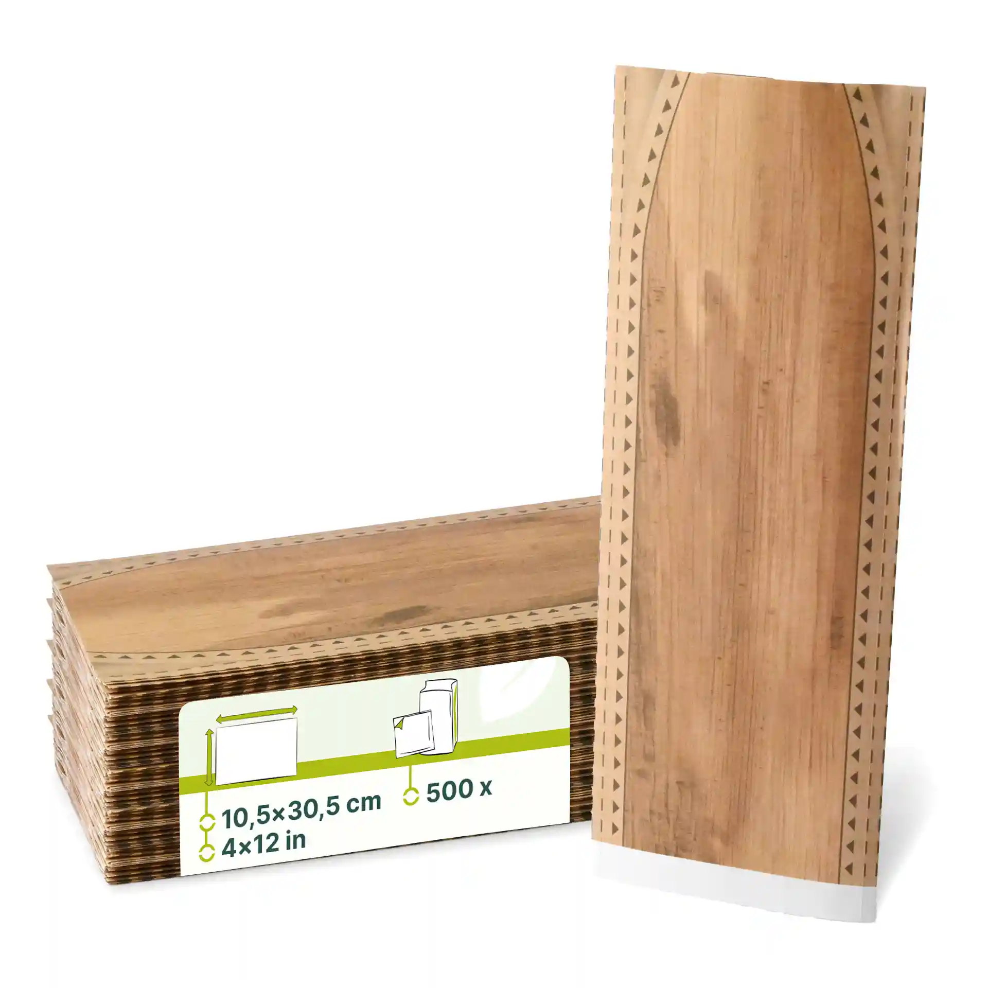 Brown kraft wrap bags, prefolded, measuring 10.5 x 30.5 cm, stacked with a label showing dimensions and quantity.