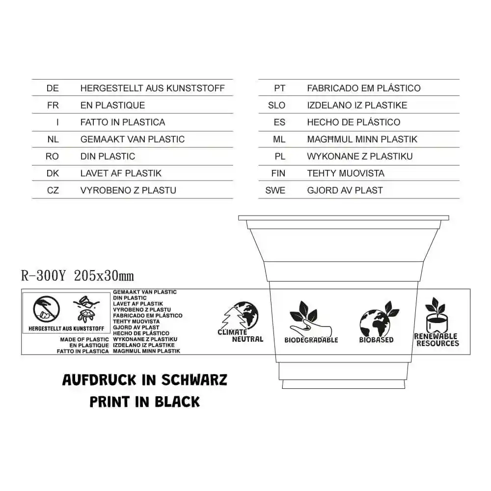 Schematische Zeichnung eines 8 oz PLA Smoothie-Bechers mit Abmessungen und mehrsprachigen Beschriftungen auf einem schlichten Hintergrund.
