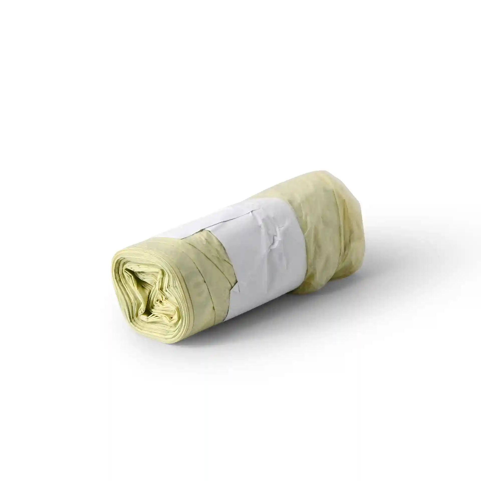 Transparente Rolle aus PLA-Bio-Müllsäcken, 42x42 cm, in weißem Papier verpackt.