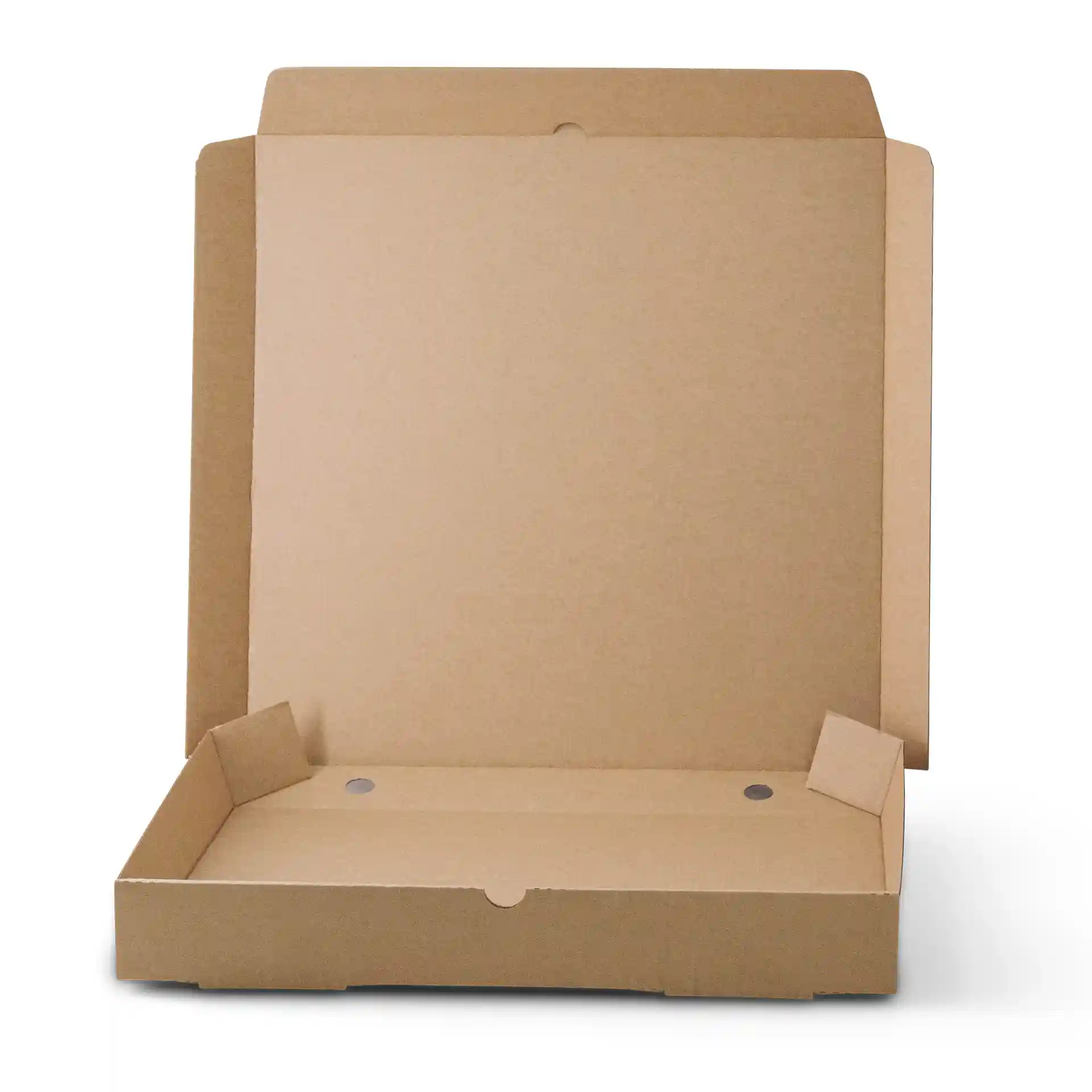 Braune quadratische Pizzaschachtel aus Karton, 370 mm lang und breit, mit offenem Deckel und ohne Beschichtung.