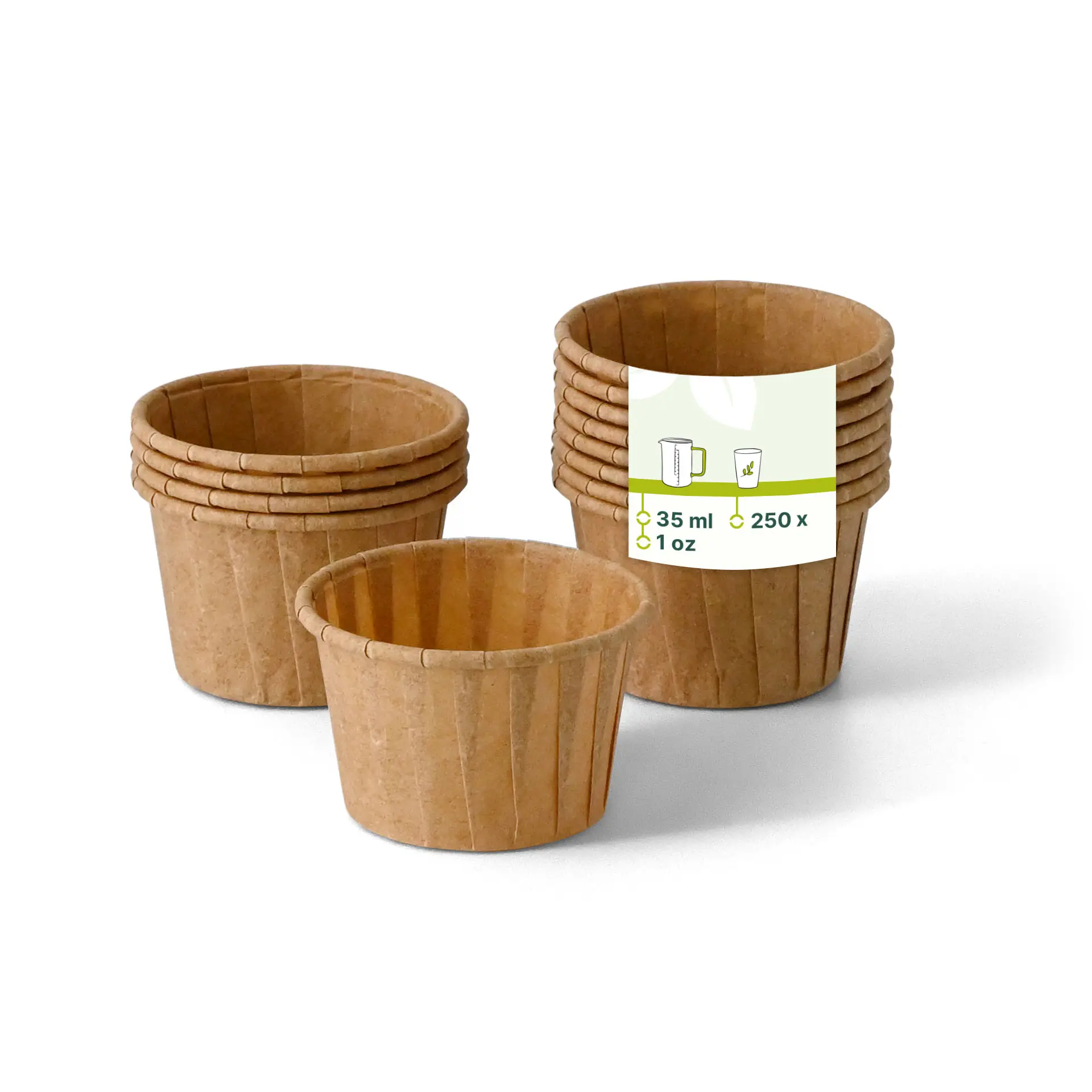 Brown paper cups, 35 ml size, stacked with one in front, suitable for dips and sauces, made from biodegradable paper.